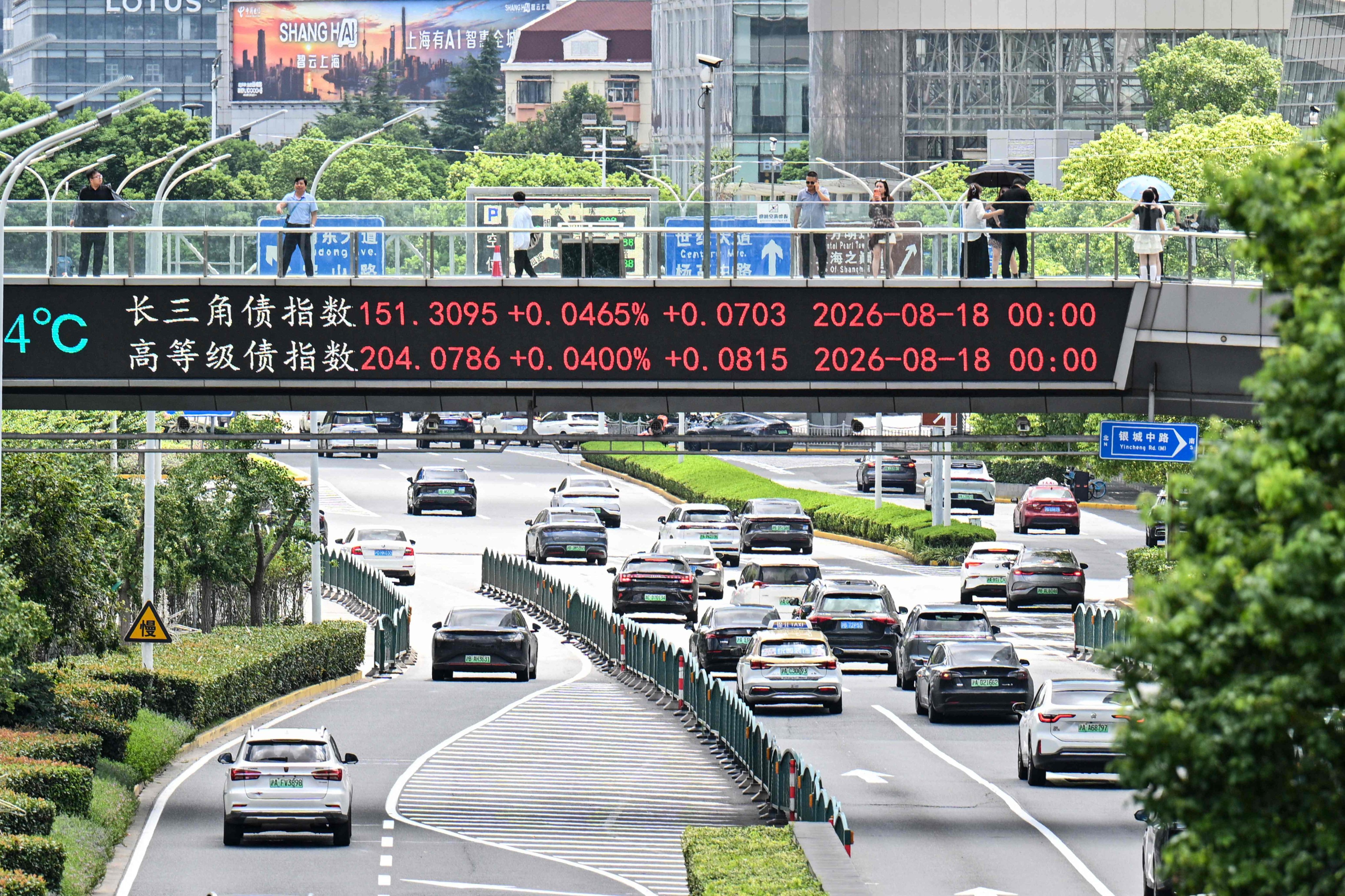 Financial market movements are shown on a footbridge screen in Shanghai. Photo: AFP