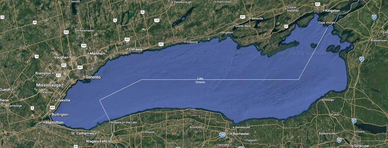 Canadians will see 'Lake Ontario' and those outside US and Canada will see both names, Google says. Photo: Google via Reuters