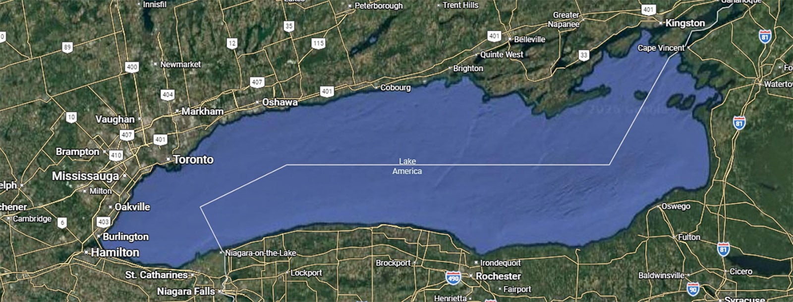 Google Maps has changed the name of Lake Ontario to ‘Lake America’ for US users. Photo: Google via Reuters
