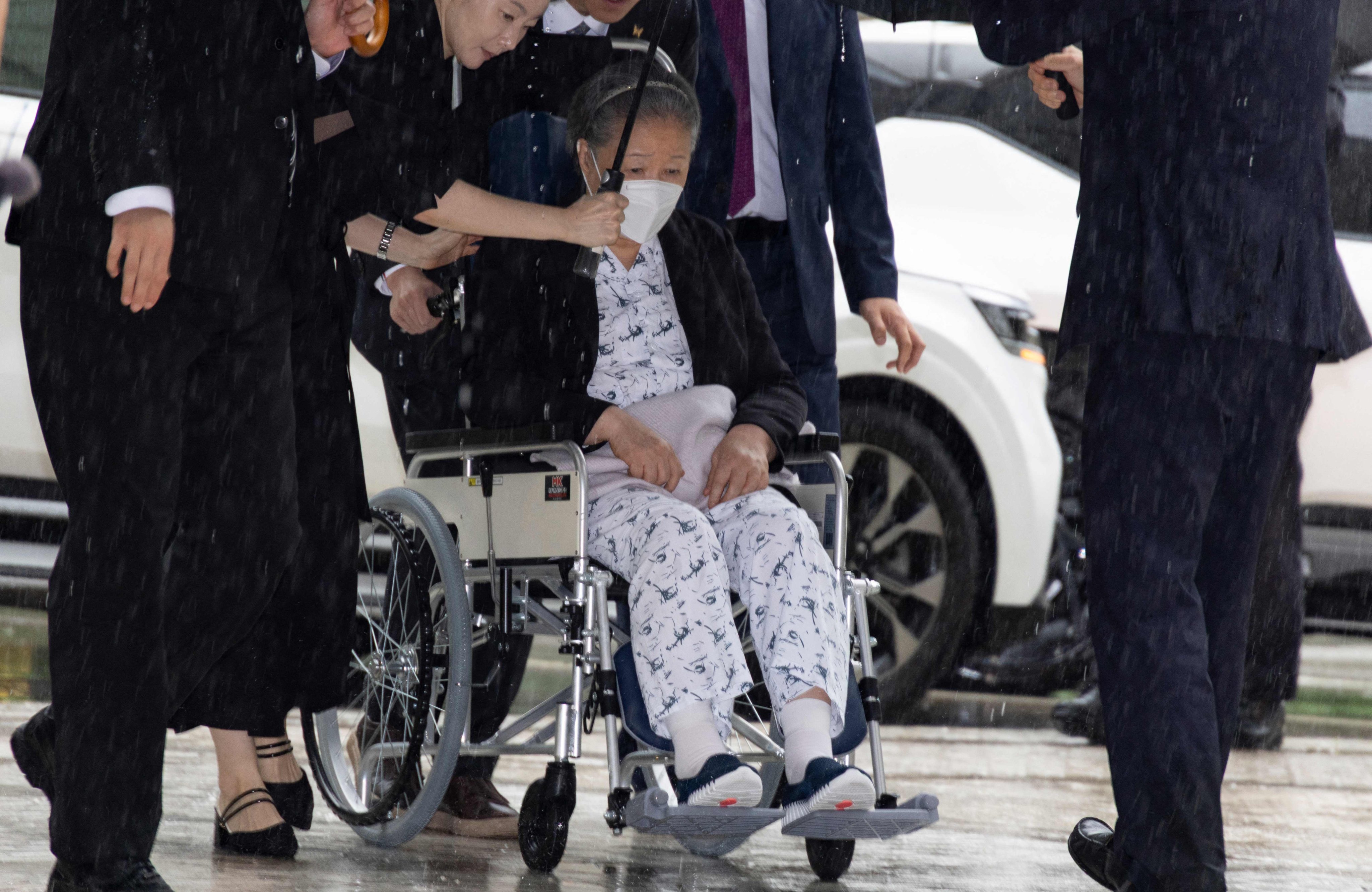 Unification Church leader Han Hak-ja arrived for the sentencing hearing at the Seoul Central District Court on Monday. Photo: AFP