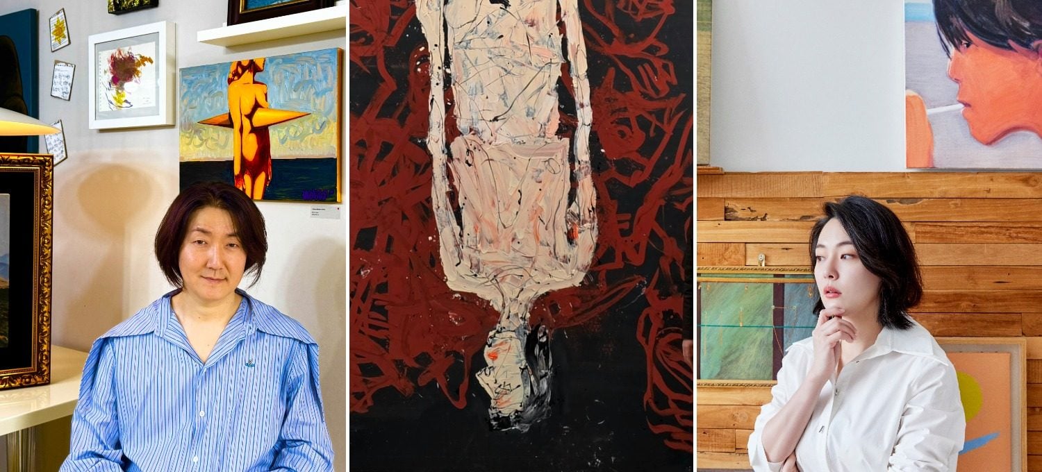 Goo Chan-oo, an office worker, sitting among his art collection. Photo: Goo Chan-oo; Kim Dong-un (right) and his wife Hwang Yoo-sun photographed at a Georg Baselitz exhibition during one of their holidays. Photo: Kim Dong-un and Hwang Yoo-sun; The collector, art historian and educator Lee So-young. Photo: Lee So-young