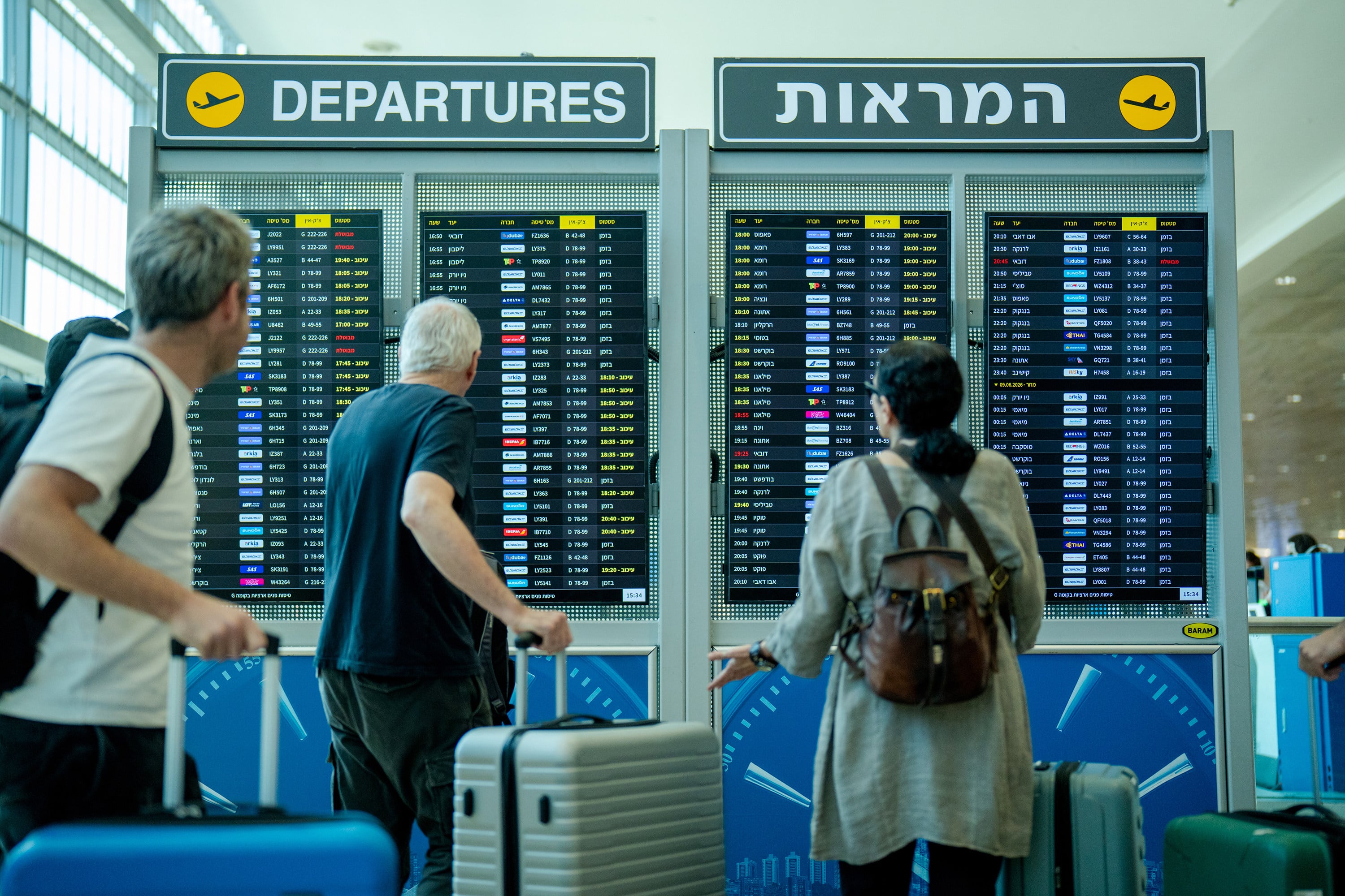 Passengers check a departure board at Ben Gurion International Airport in Tel Aviv, Israel, on June 8, 2026. Geopolitical tensions and conflicts are altering how people plan their trips. Photo: TNS
