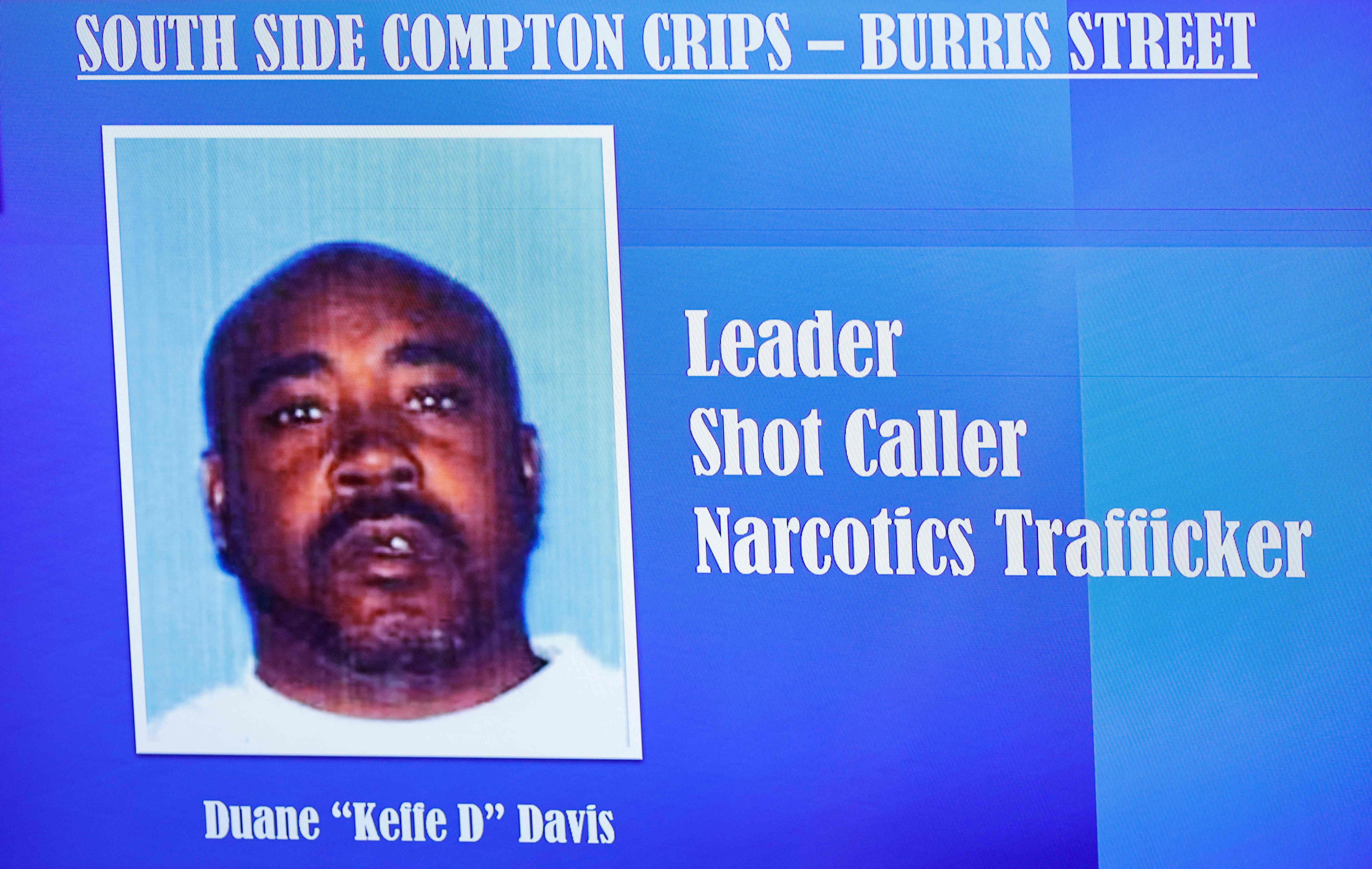 A mug shot of Duane Davis is displayed during closing arguments in the Tupac Shakur murder trial. Photo: AFP