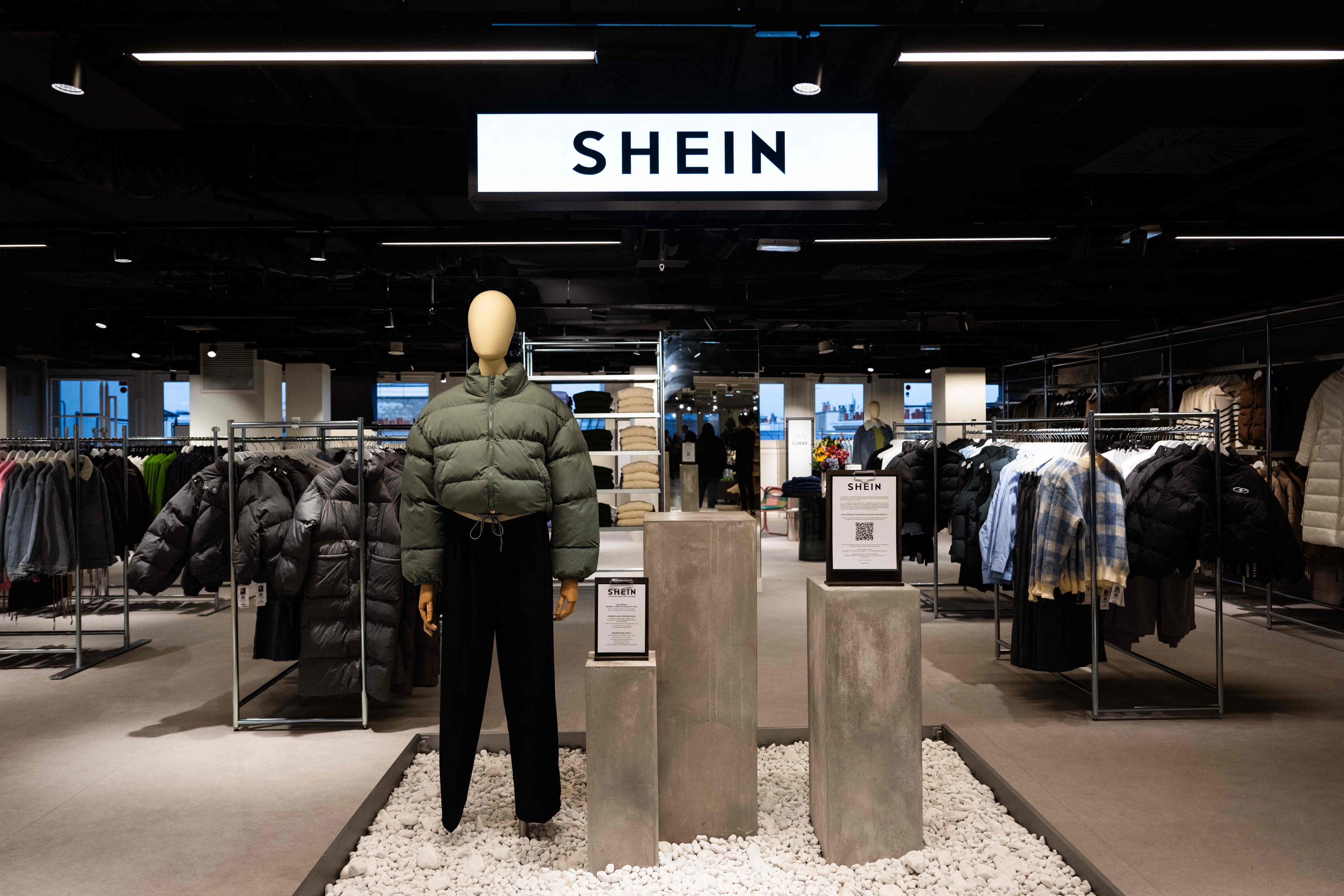 The Shein logo inside its stall at the Bazar de l’Hotel de Ville (BHV) department store in Paris, France. Photo: AFP