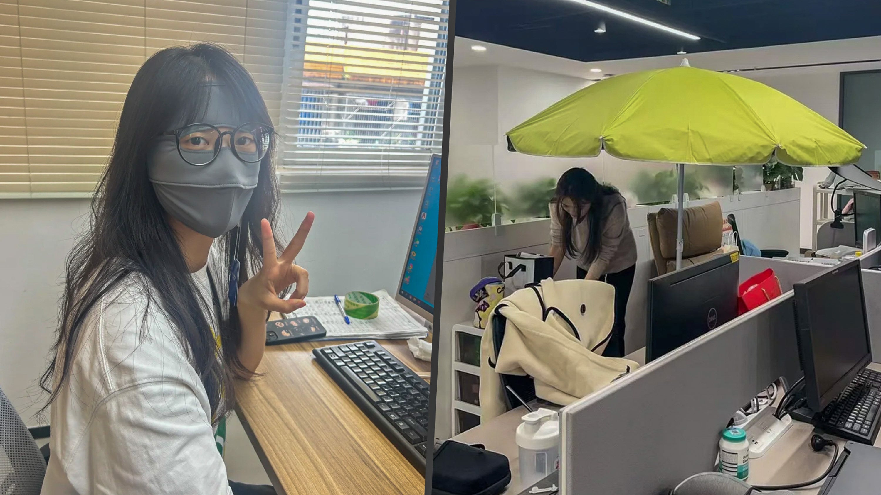 A growing number of Chinese office workers are turning to parasols and full-face masks indoors to combat “office ageing,” attributing skin damage and eye strain to harsh lighting and subpar air quality. Photo: SCMP composite/RedNote
