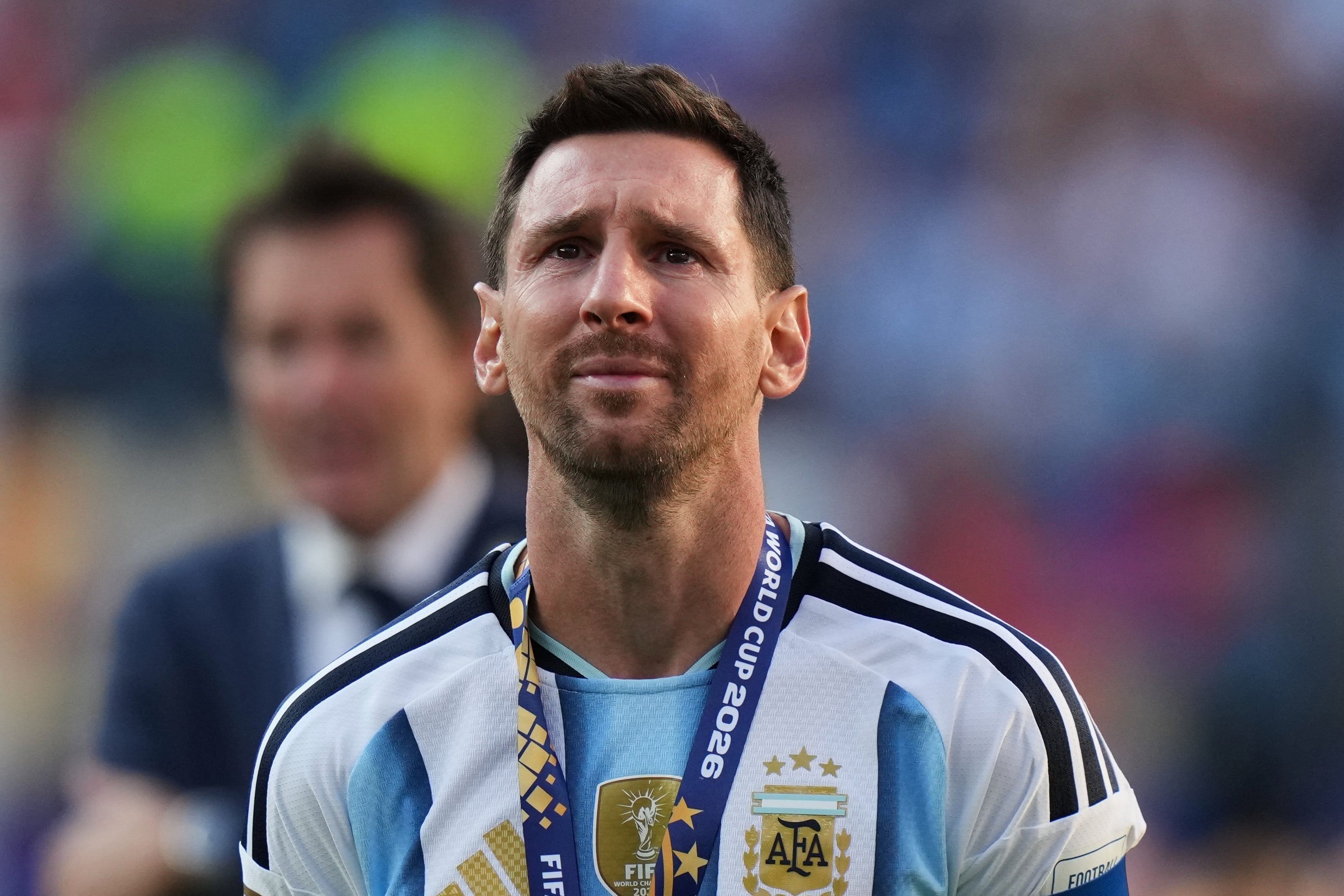 Argentina’s Lionel Messi cries at the end of the World Cup final football match against Spain in New Jersey, US in July. Photo: AP