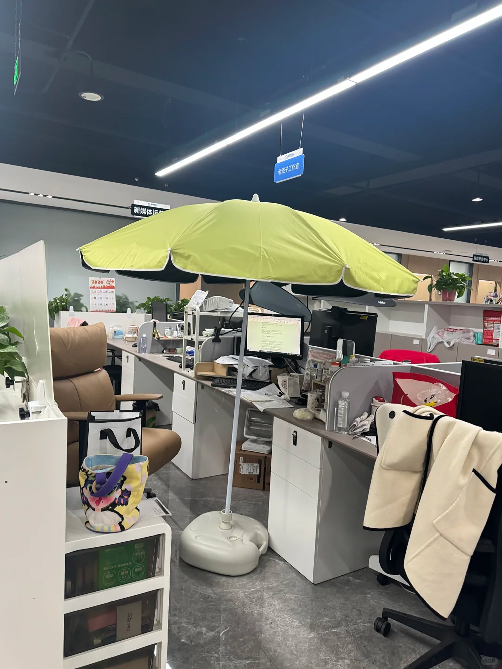 Some employees have taken a creative approach by bringing in parasols, setting them up near their desks to replicate the feeling of outdoor protection from the sun. Photo: RedNote Some employees have taken a creative approach by bringing in parasols, setting them up near their desks to replicate the feeling of outdoor protection from the sun. Photo: RedNote
