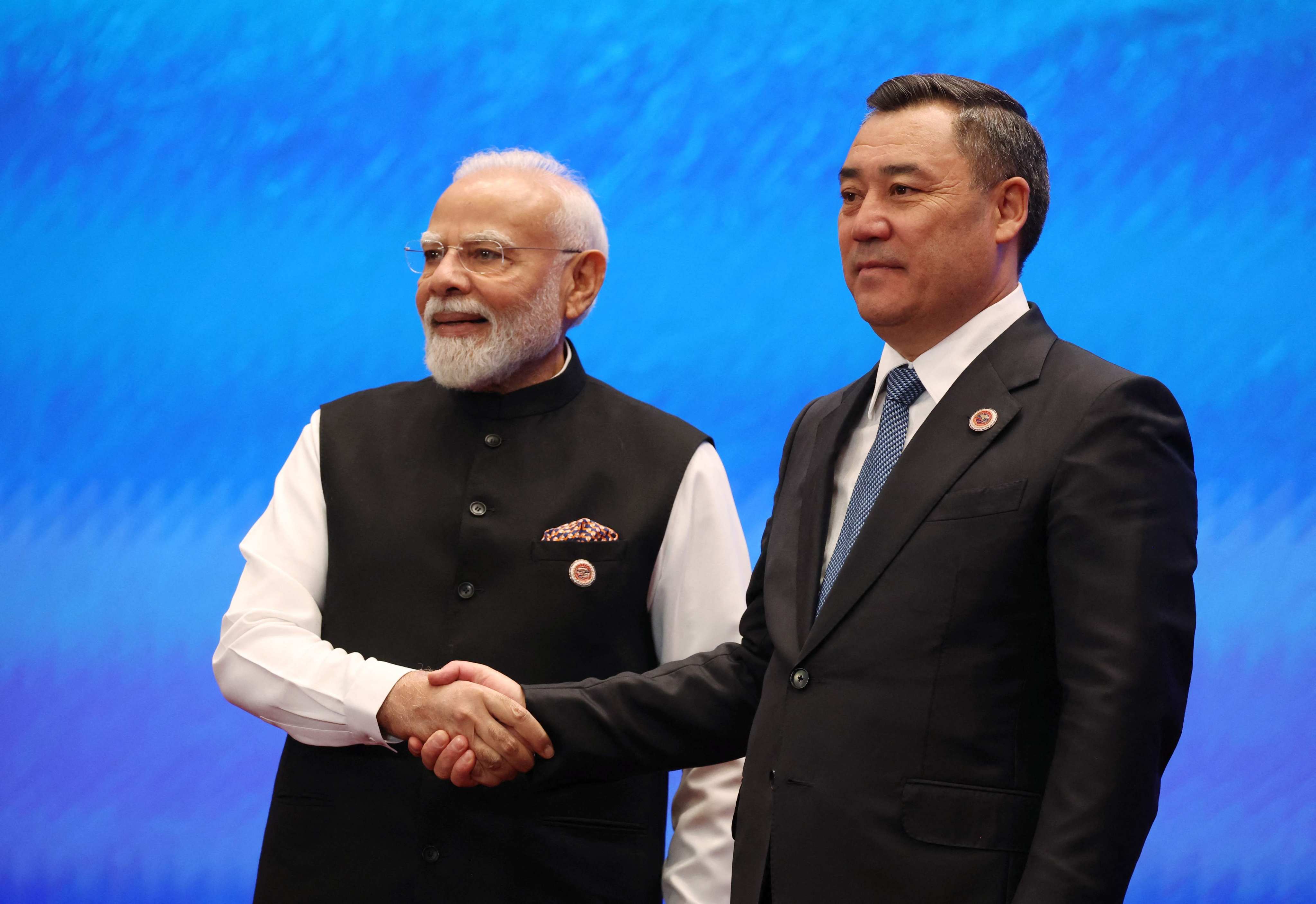 Kyrgyzstan’s President Sadyr Japarov welcomes Indian Prime Minister Narendra Modi to the Shanghai Cooperation Organisation summit in Bishkek on Tuesday. Photo: AFP