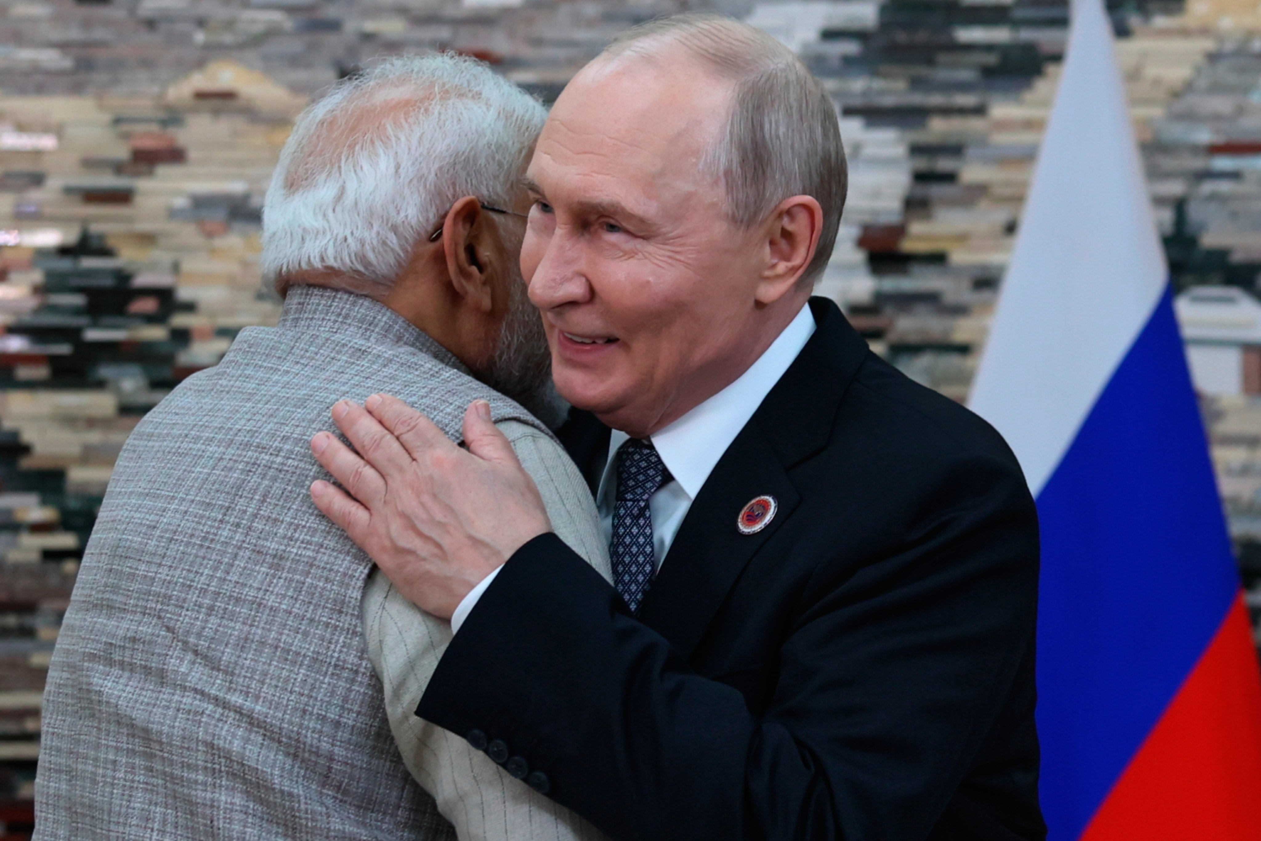 Indian Prime Minister Narendra Modi and Russian President Vladimir Putin embrace during a meeting on the sidelines of the Shanghai Cooperation Organisation summit in Bishkek on Monday. Photo: Kremlin / Sputnik / AP