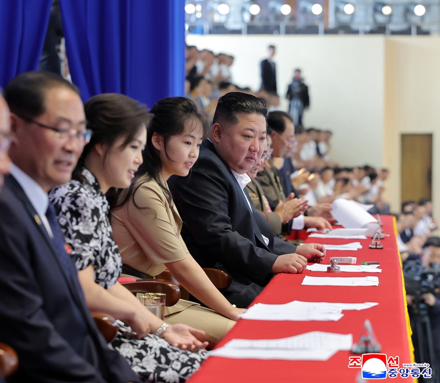 Kim Jong-un, his daughter Kim Ju-ae and wife Ri Sol-ju (second left) attend an event in Pyongyang marking the 81st anniversary of the end of World War II on August 16. Photo: KCNA / EPA