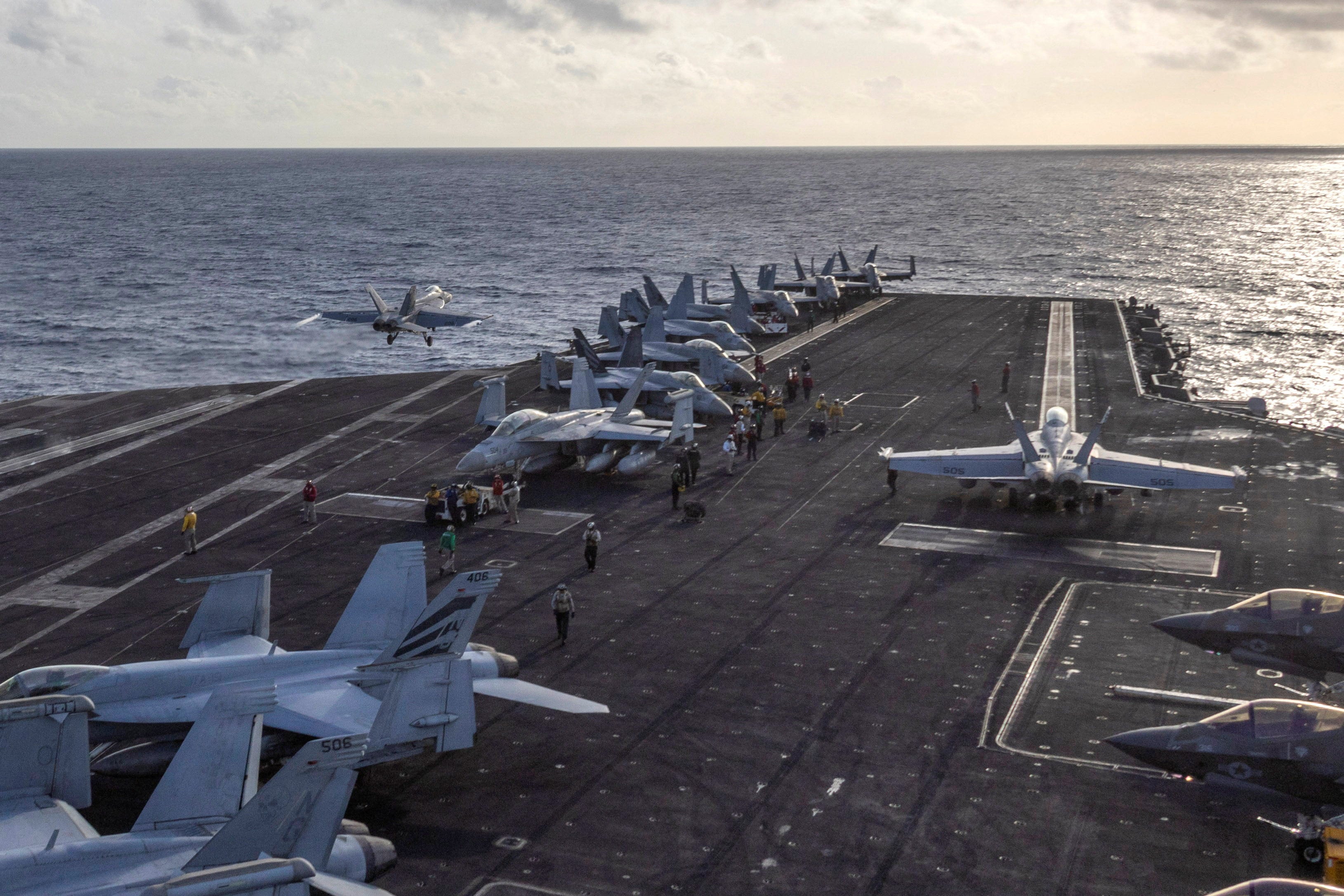 A US Navy F/A-18E Super Hornet launches from the flight deck of the Nimitz-class aircraft carrier USS Abraham Lincoln in the Indian Ocean on August 22. Photo: US Navy/Handout via Reuters