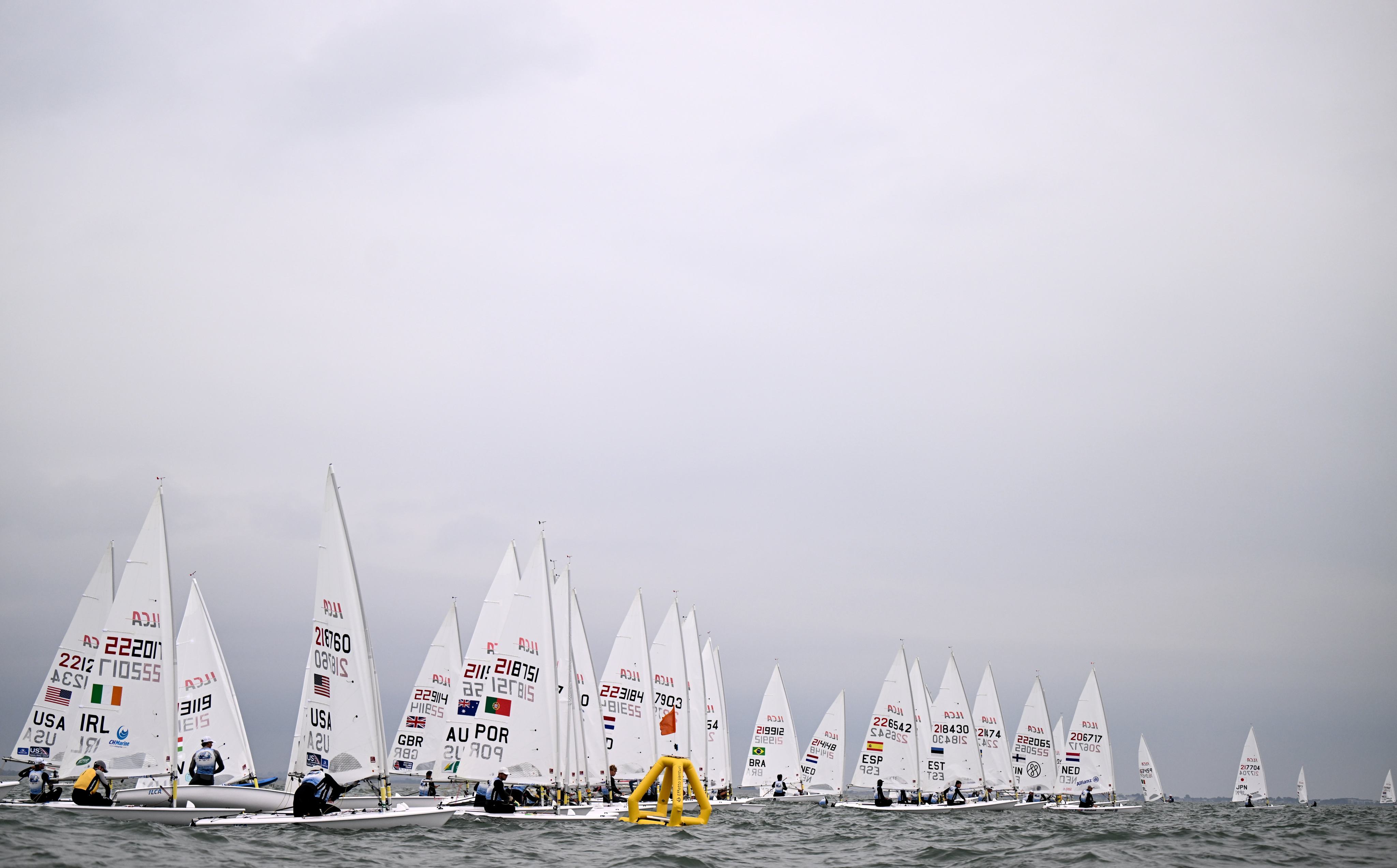 Competitors take part in the 2026 ILCA 7 Men’s World Championship at the Royal St George Yacht Club and National Yacht Club in Dun Laoghaire, Dublin. Photo: Getty Images