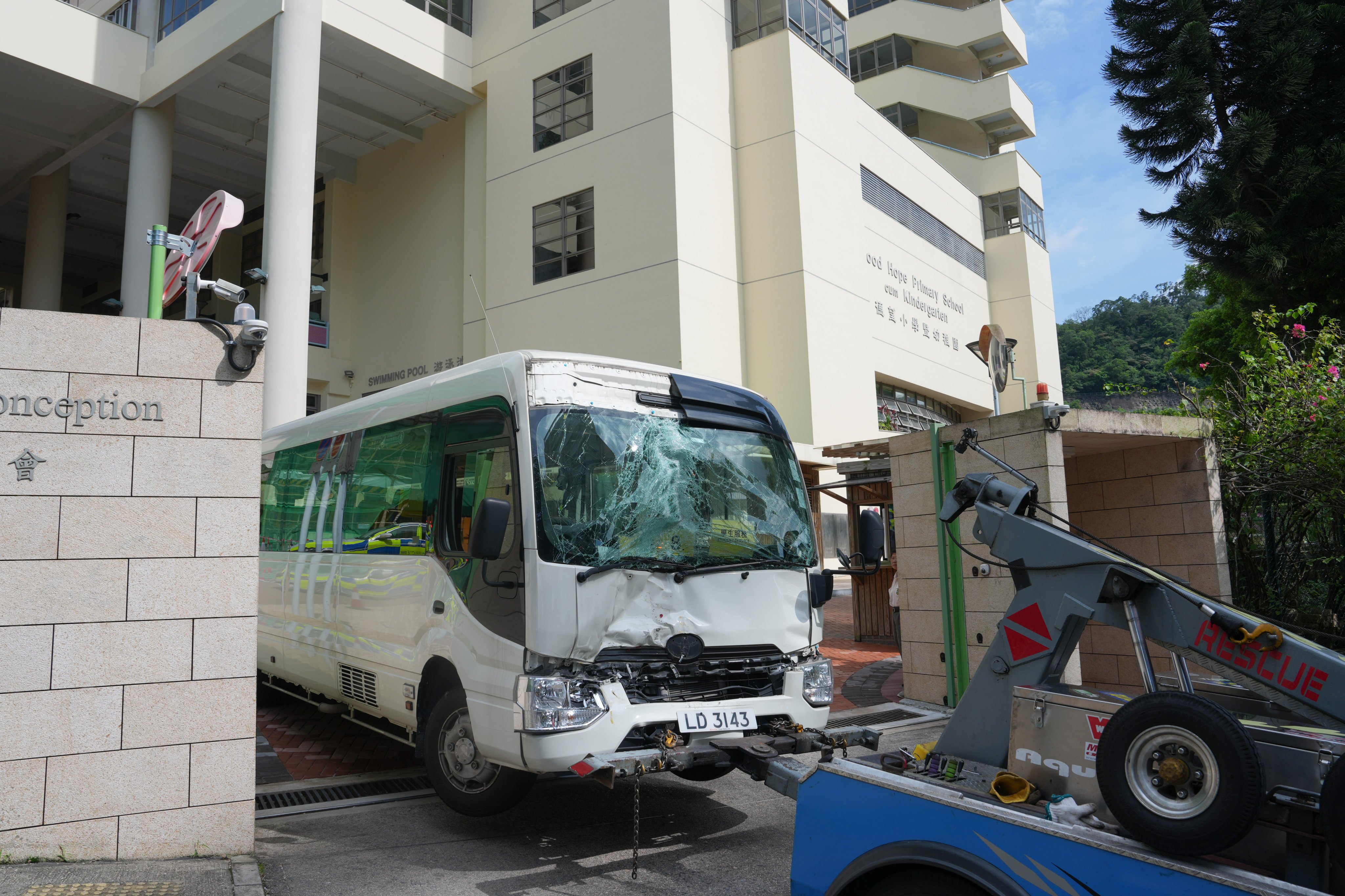 One of the two school buses involved in the collision at Good Hope Primary School cum Kindergarten in Ngau Chi Wan. Photo: Sam Tsang