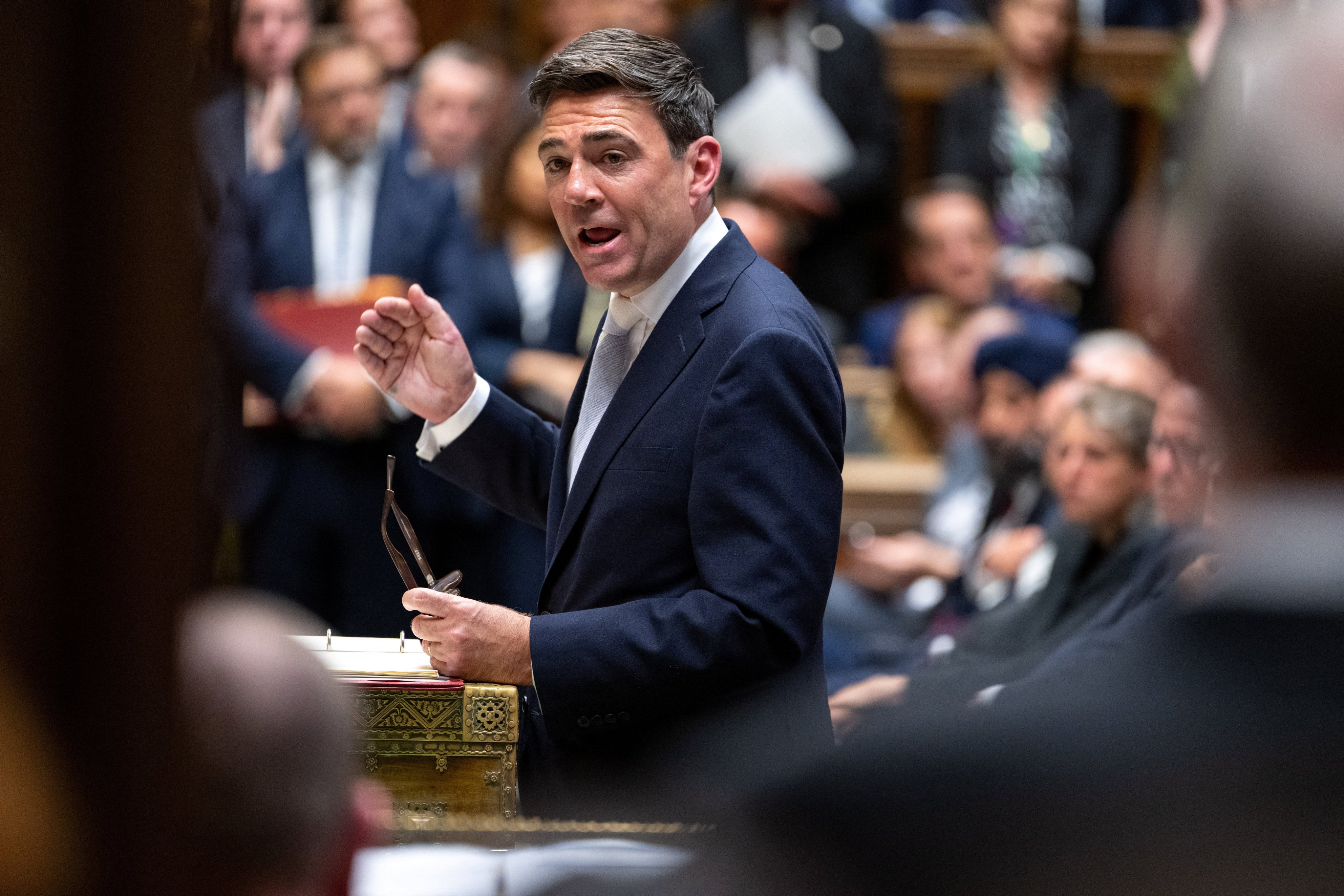 UK Prime Minister Andy Burnham speaks at the House of Commons in London on Tuesday. Photo: House of Commons via Reuters