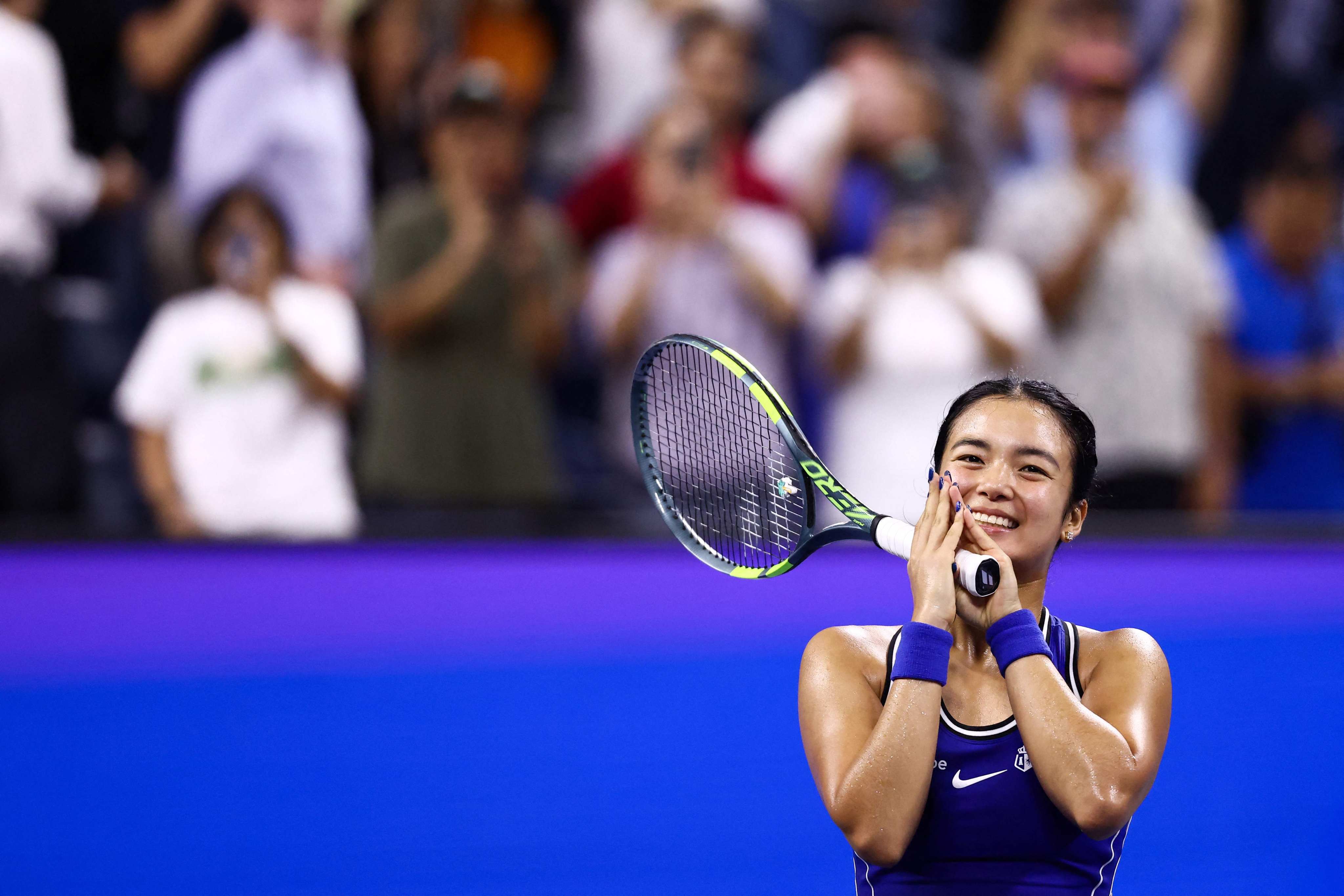 Alexandra Eala celebrates after beating Mary Stoiana in the first round of the women’s singles at the US Open. Photo: AFP