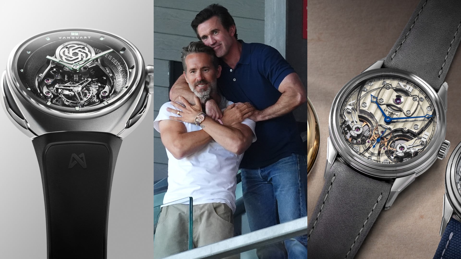 From left: A bespoke seven-piece Vanguart series for OpenAI; Ryan Reynolds wears an F.P. Journe Automatique Lune; Legare’s debut timepiece, the Chapter 1 AGP Inverted. Photos: Handout; Getty Images