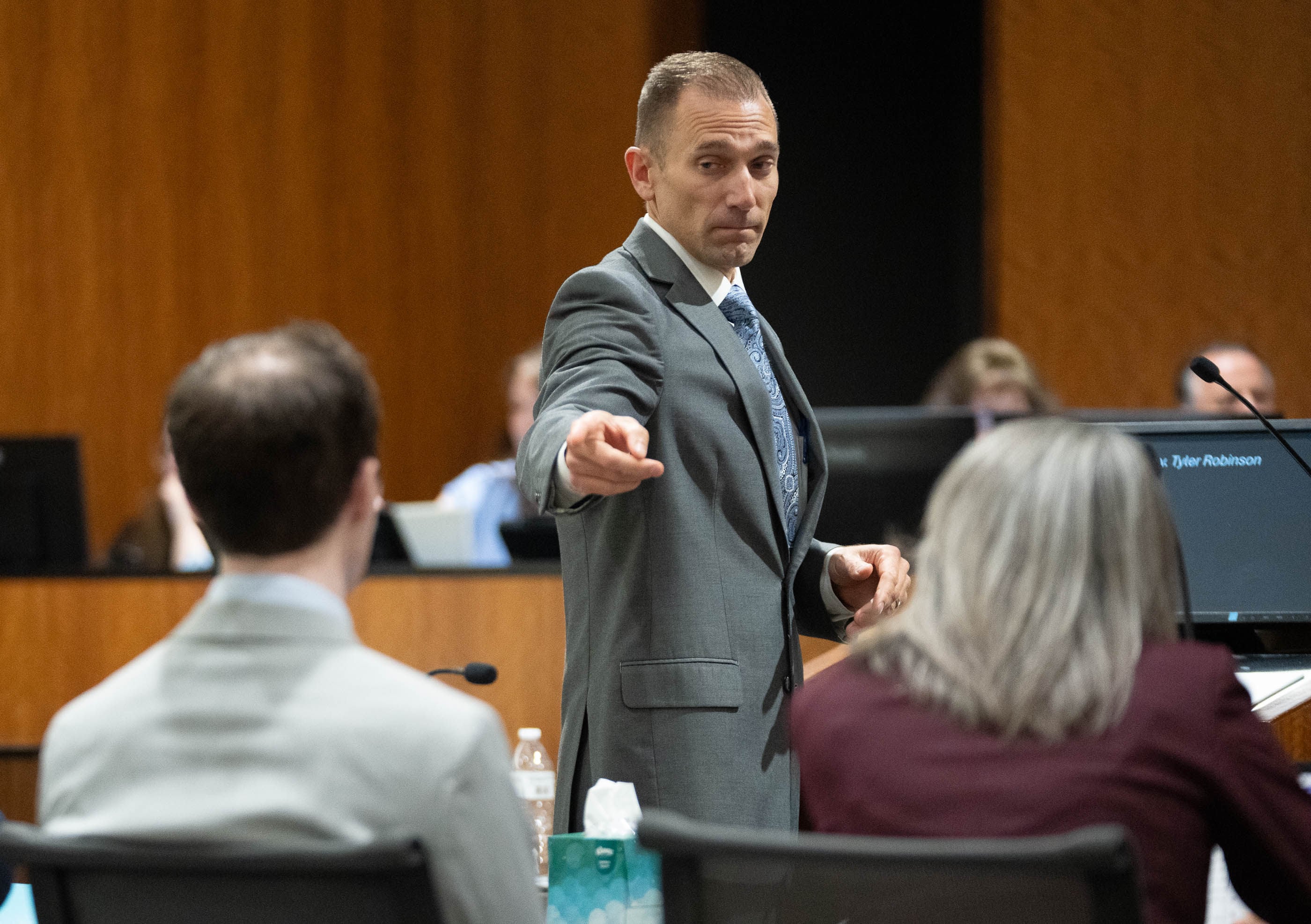 Deputy Utah County Attorney Ryan McBride points to defendant Tyler Robinson in court. Photo: The Salt Lake Tribune via AP