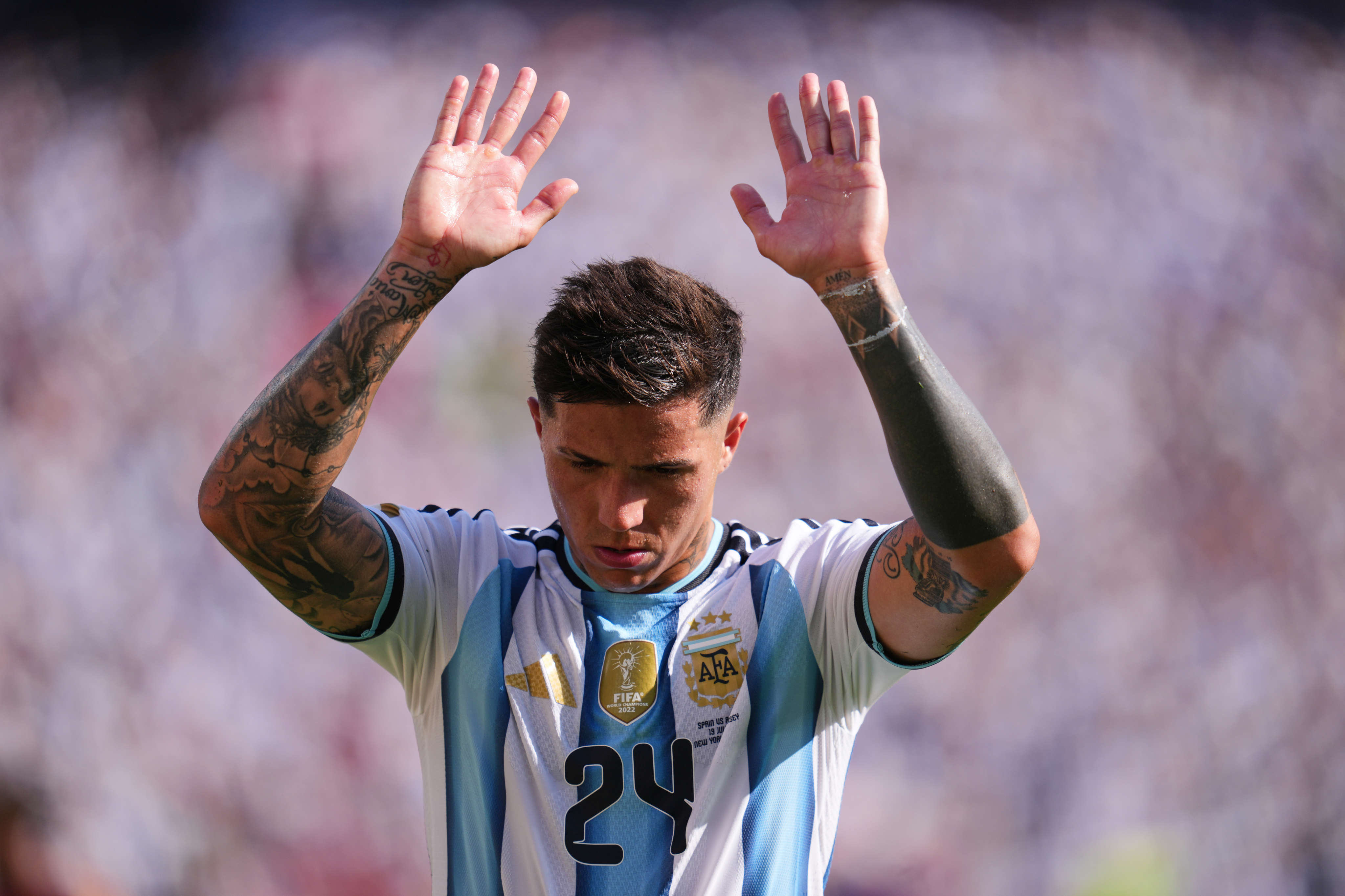 Enzo Fernandez has not played since being sent off in the World Cup final this summer. Photo: AP