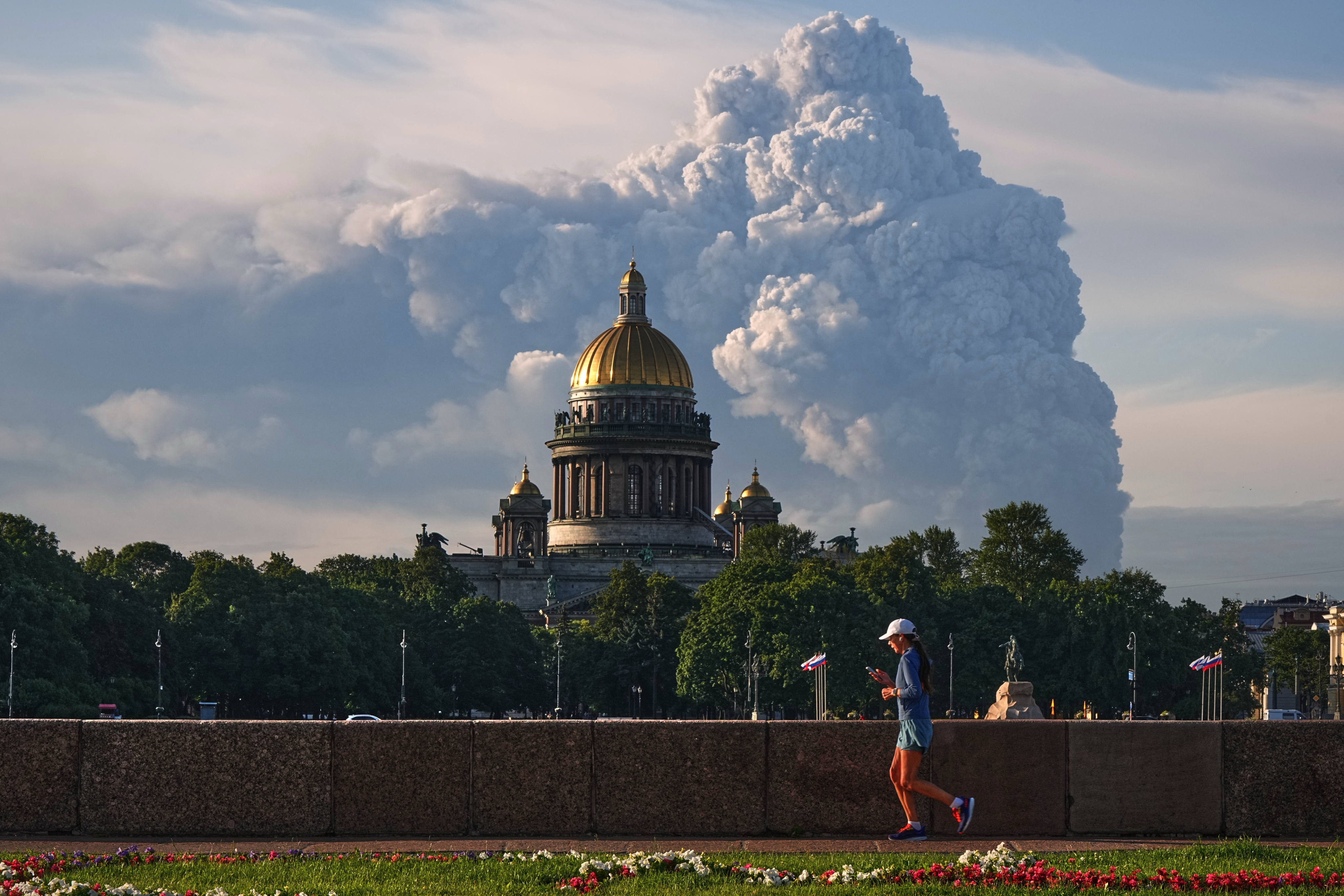 Smoke rises over St Petersburg following a Ukrainian drone attack on a warehouse for online retailer Wildberries on July 24, 2026. Photo: UGC via AP