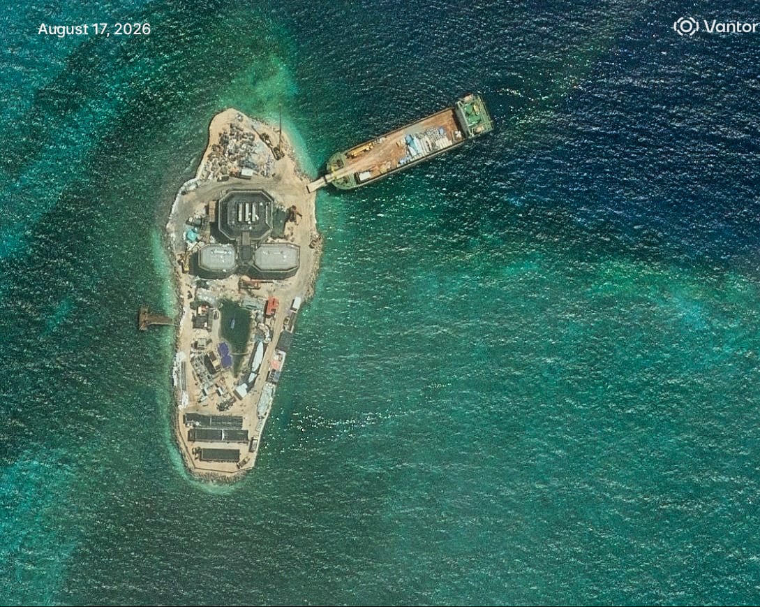 A satellite image taken by Vantor on August 17 shows China’s construction work at Yagong Island. Photo: Vantor / AFP