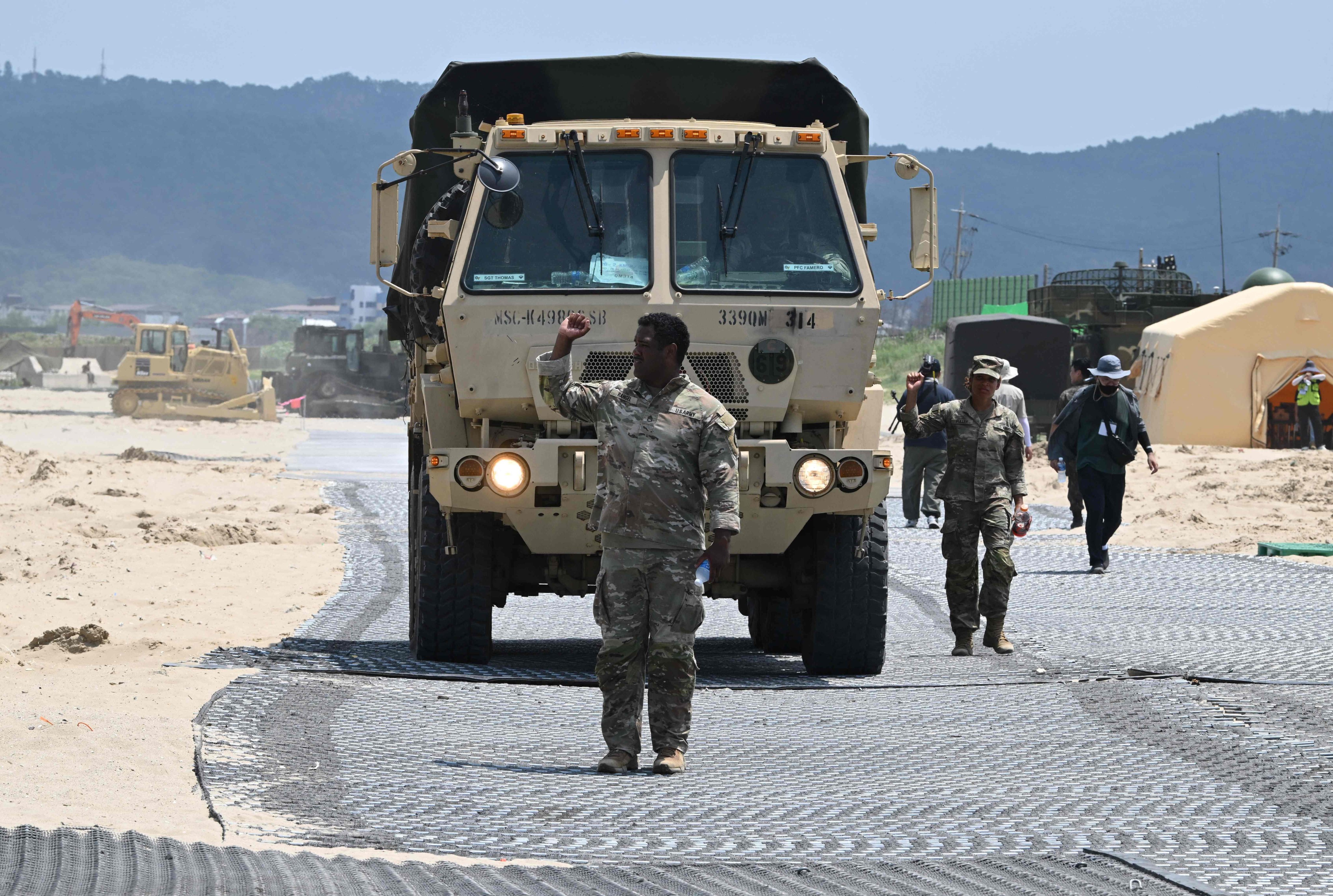 A US Marine leads a military vehicle at a beach during a joint field training exercise conducted by South Korea-US Combined Forces Command in Pohang on July 15. Photo: AFP