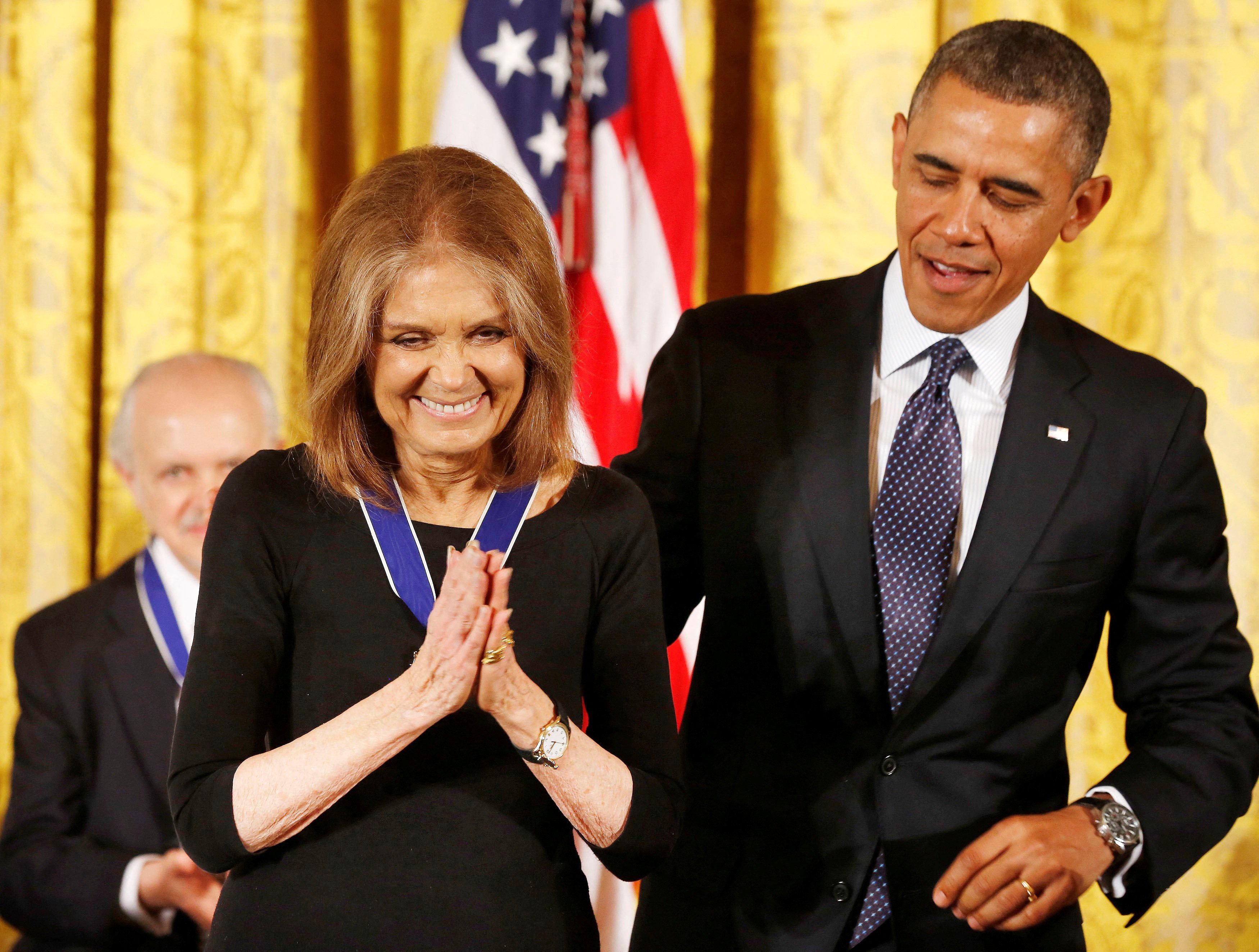 Then US president Barack Obama presents the Presidential Medal of Freedom to women’s rights activist Gloria Steinem in the White House in Washington in 2013. Photo: Reuters