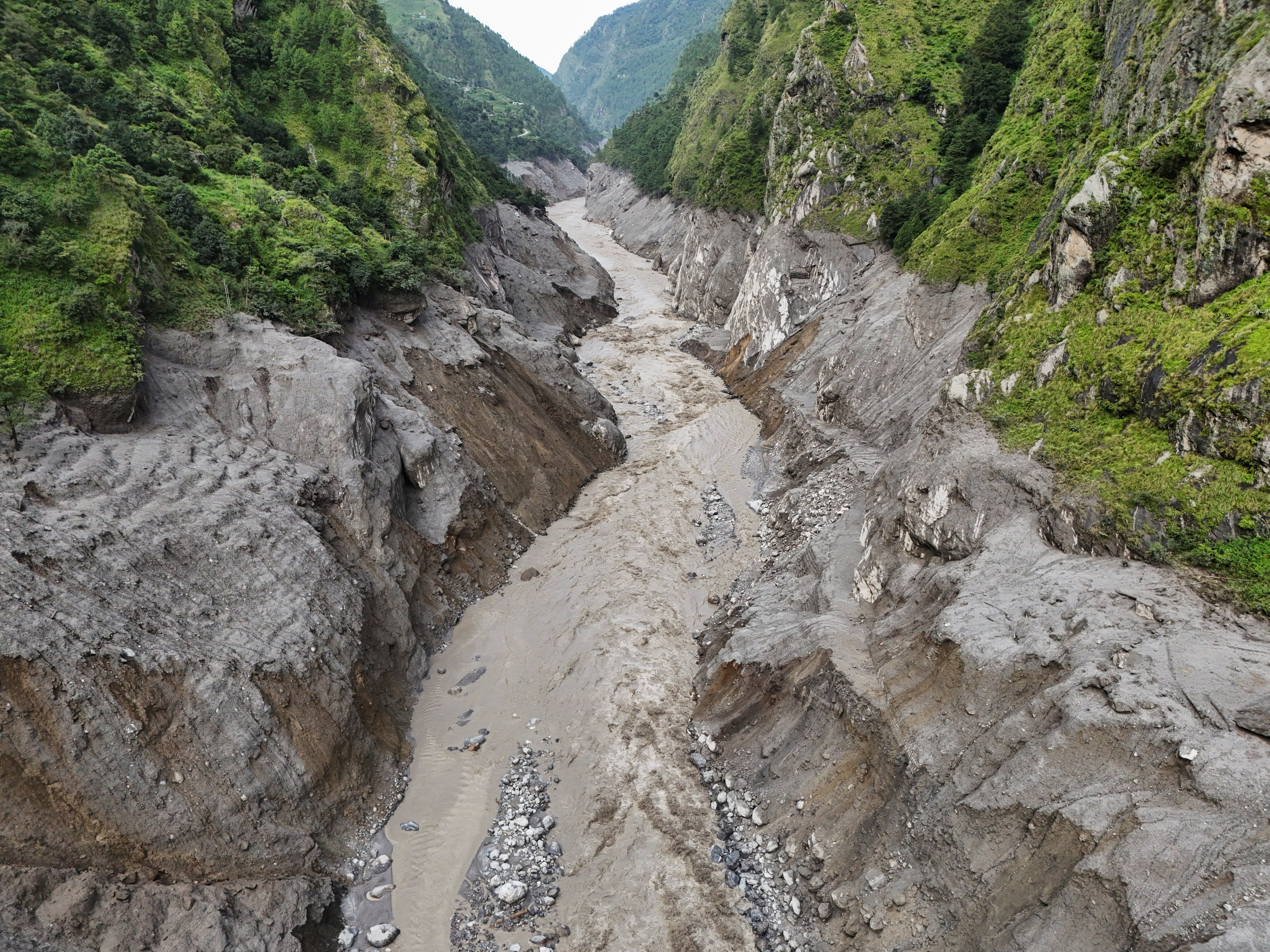 A drone view shows the high-water mark of the floods along the Bhotekoshi River in Syapru Besi, Rasuwa district, Nepal, on Monday. Photo: Reuters