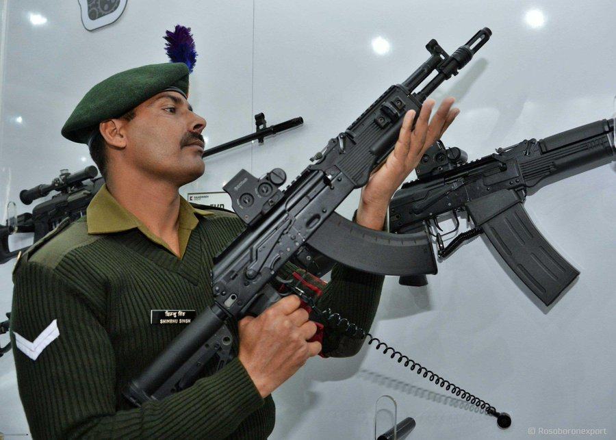 An Indian Army soldier inspects a new AK-203 Sher rifle. Photo: Handout
