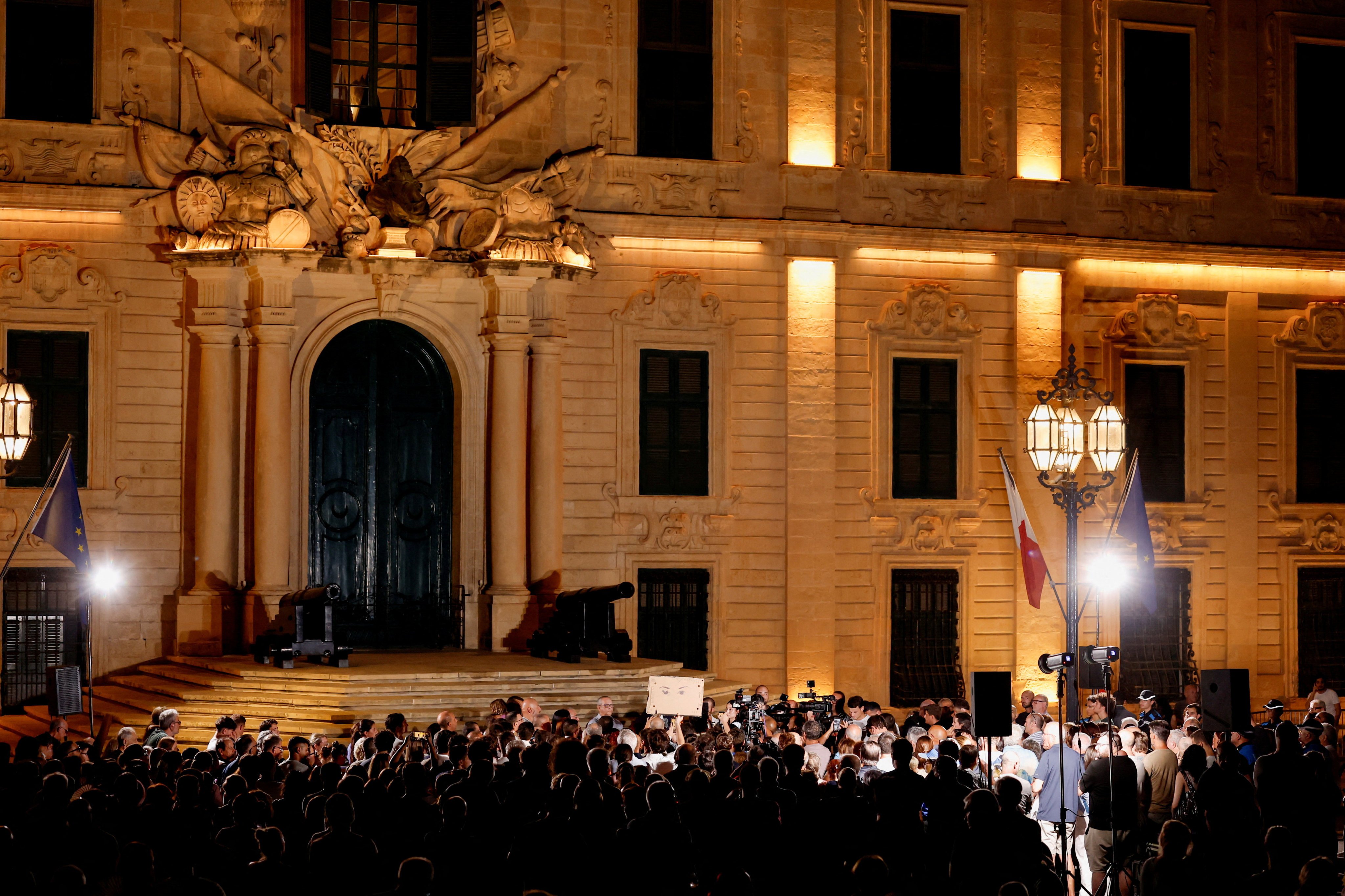 People protest outside Auberge de Castille, the office of Malta’s prime minister, after Maltese businessman Yorgen Fenech was acquitted. Photo: Reuters