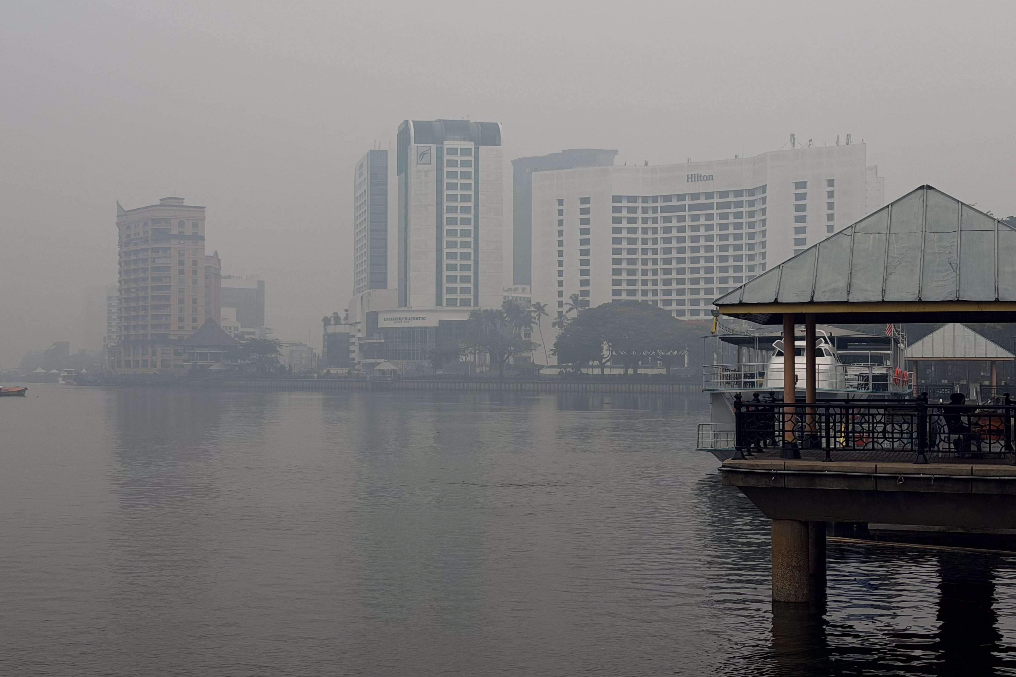 Kuching riverside in the city centre is shrouded in thick haze in Kuching, Sarawak state, Malaysia on Friday. Photo: AP