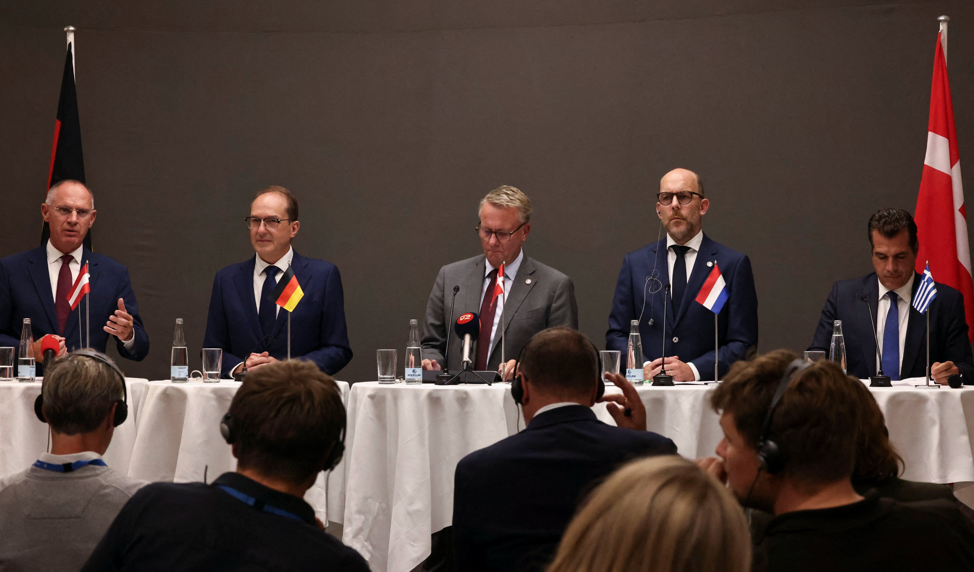 Ministers from Denmark, the Netherlands, Germany, Austria and Greece attend a press conference after a meeting of the Ministers for Immigration and Integration in Copenhagen on Friday. Photo: Reuters