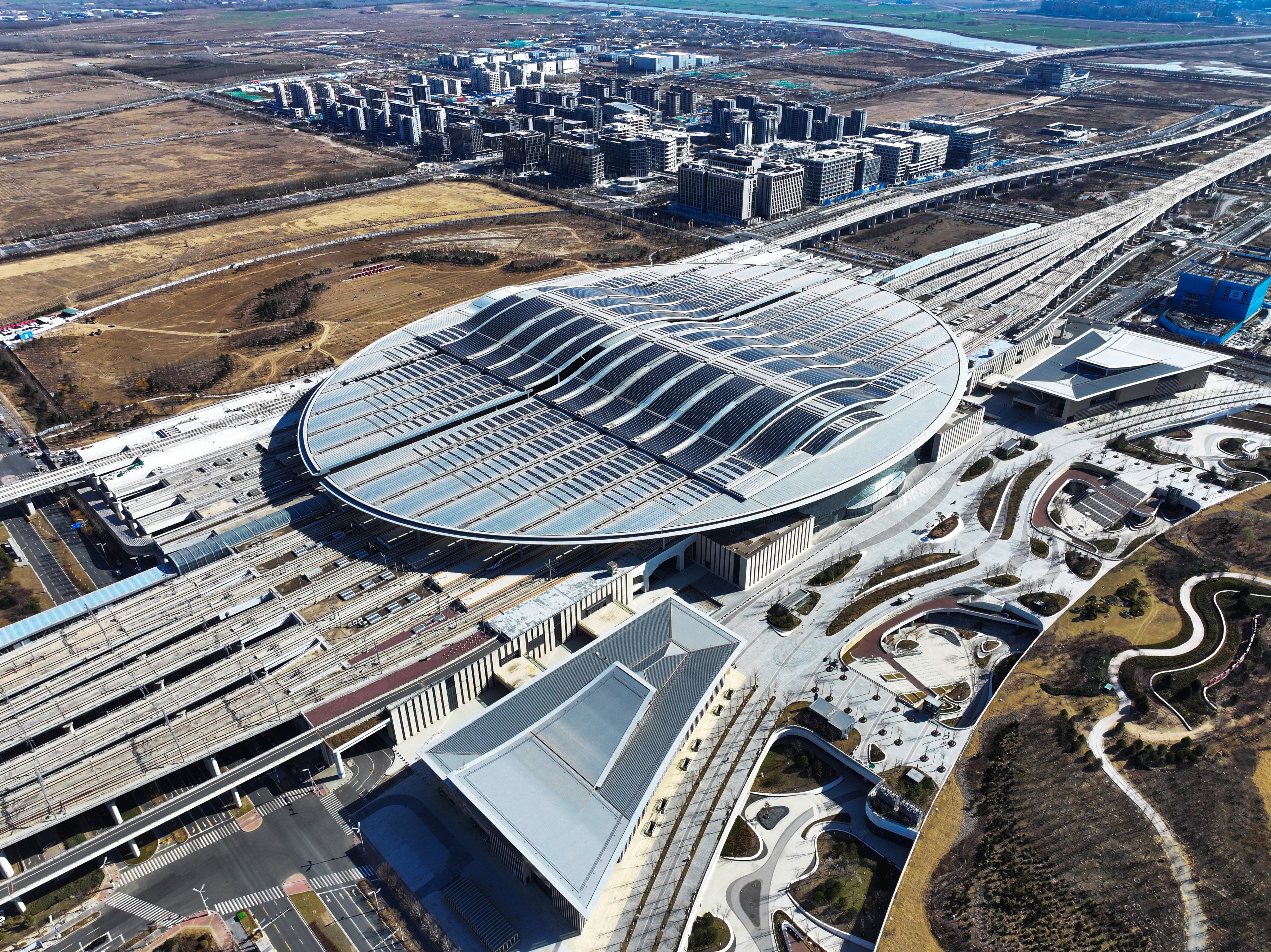 This aerial drone photo, taken in March, shows a railway station in China’s Xiongan New Area. Photo: Xinhua