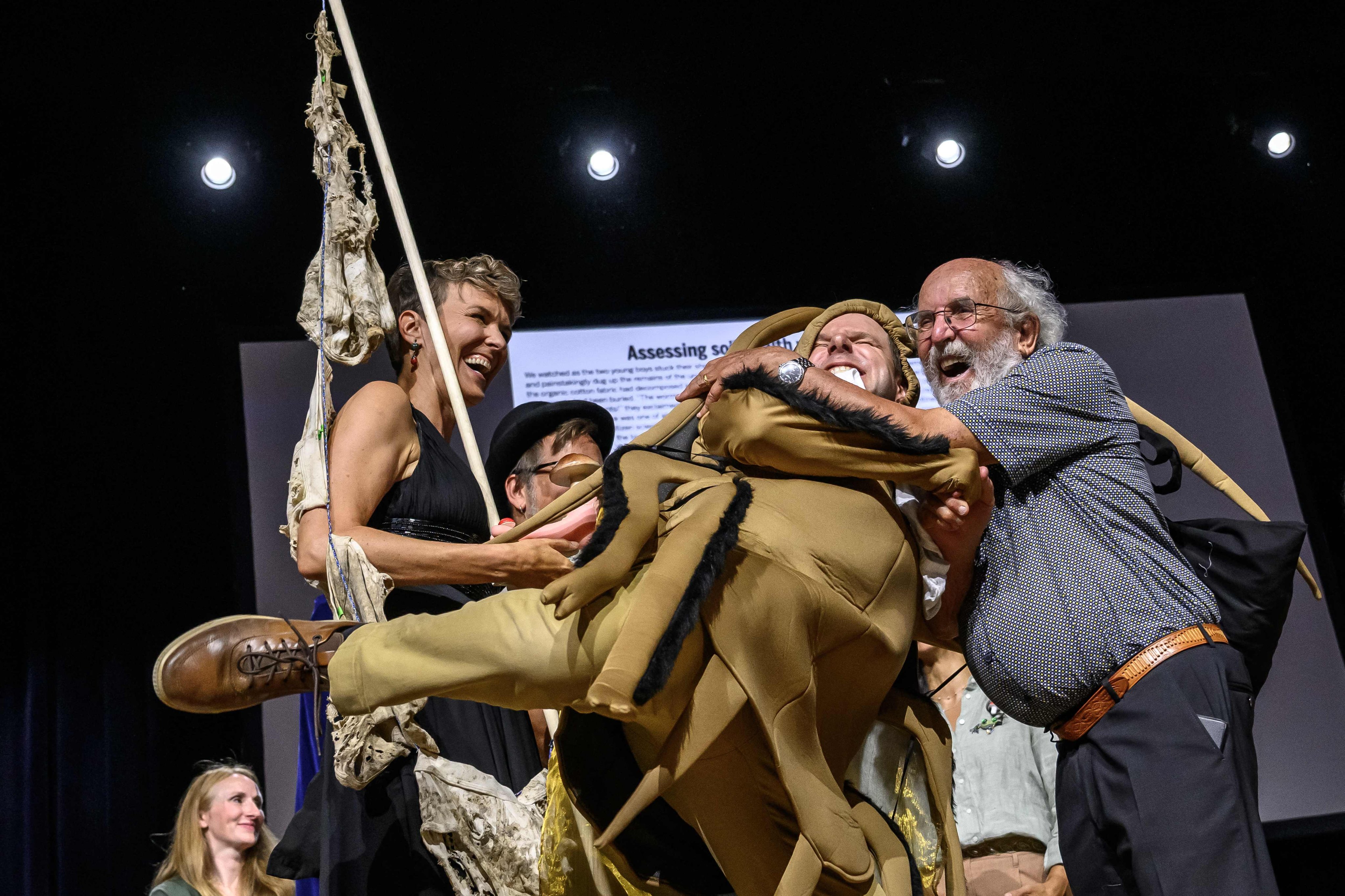 Swiss science journalist Atlant Bieri (centre) reacts with 2019 Nobel Prize in Physics winner Michel Mayor (right) next to Swiss biotechnologist Pia Viviani during the Ig Nobel Prize Ceremony in Zurich, Switzerland, on Thursday. Photo: AFP