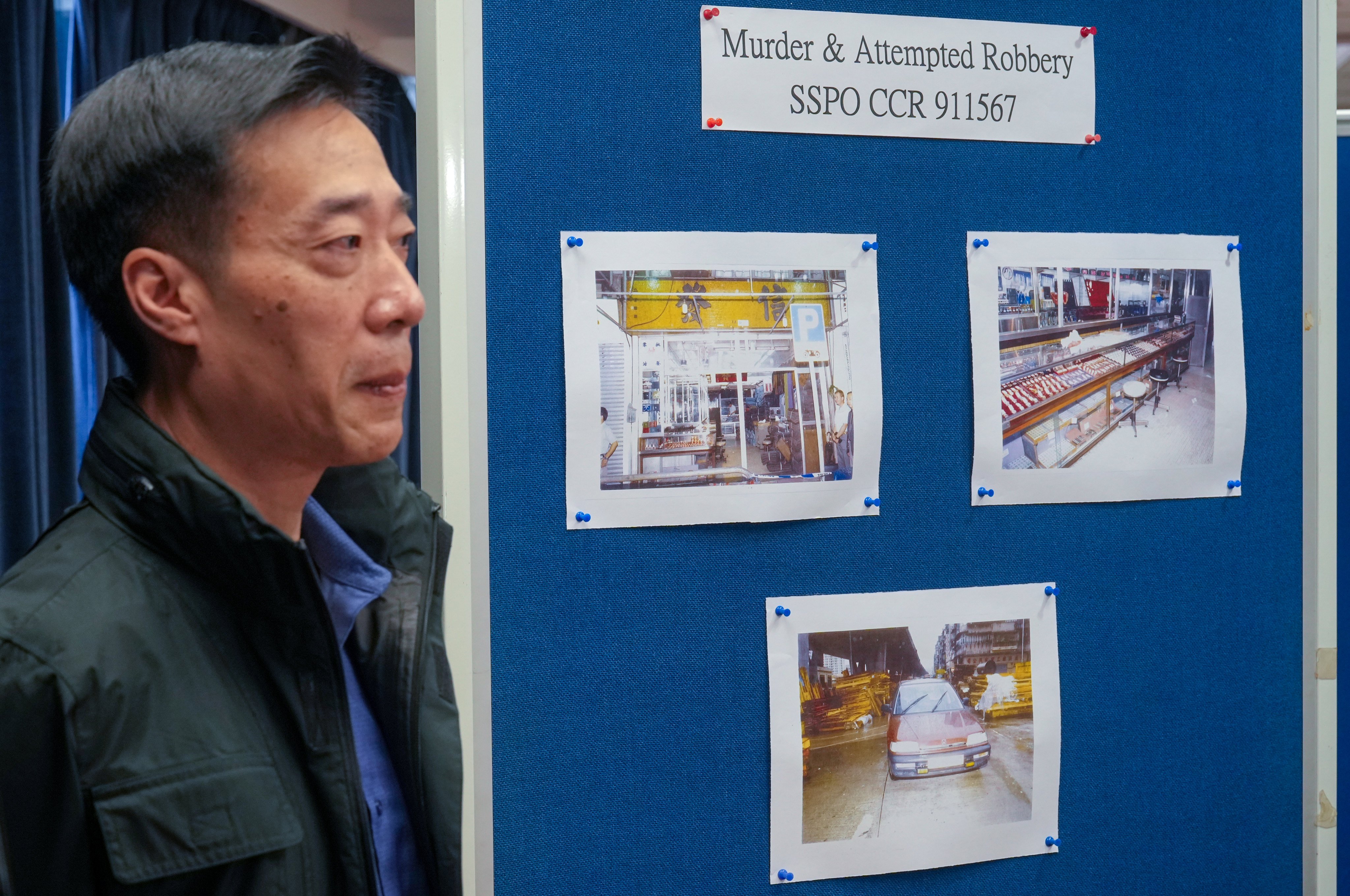 Police display images from the scene of the murder and attempted robbery during a press conference held in November 2023. Photo: Sam Tsang