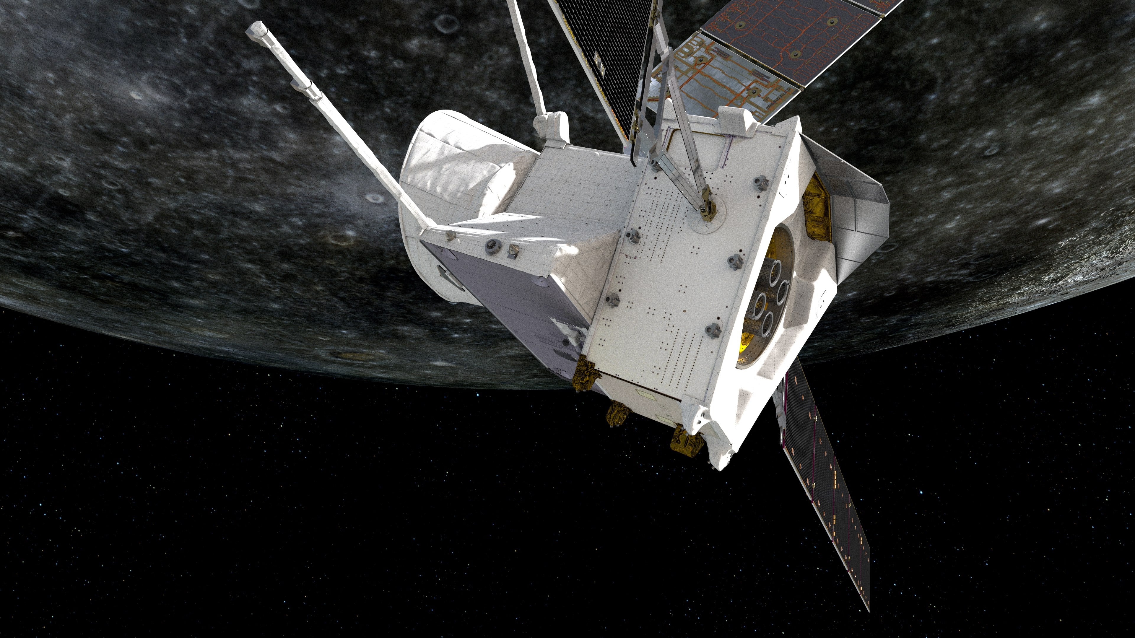 The BepiColombo spacecraft is depicted flying by Mercury in an artist’s impression issued in October 2021. Image: ESA via EPA-EFE