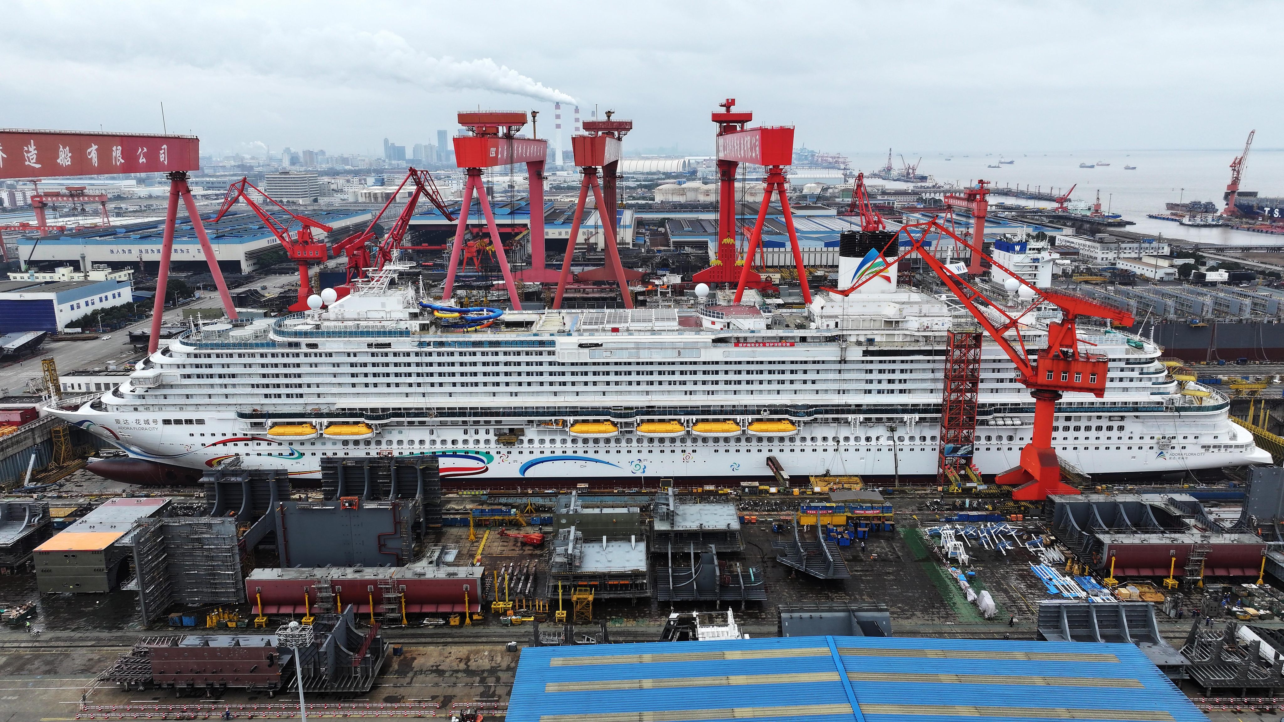 The Adora Flora City cruise ship under construction at Shanghai Waigaoqiao Shipbuilding on February 27. Photo: Getty Images