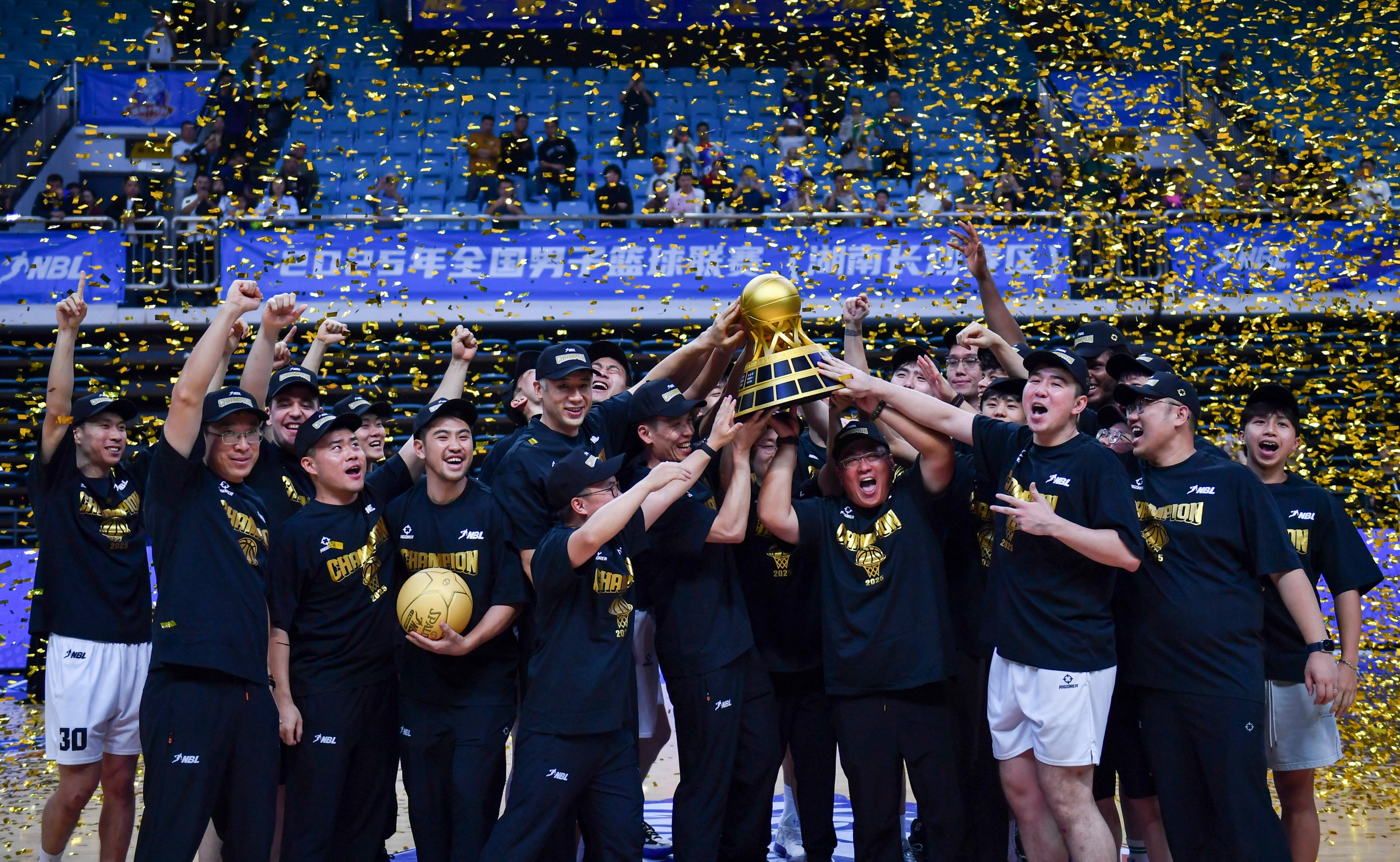 Hong Kong Bulls celebrate winning their final match against Changsha in the 2025 National Basketball League. Photo: Xinhua