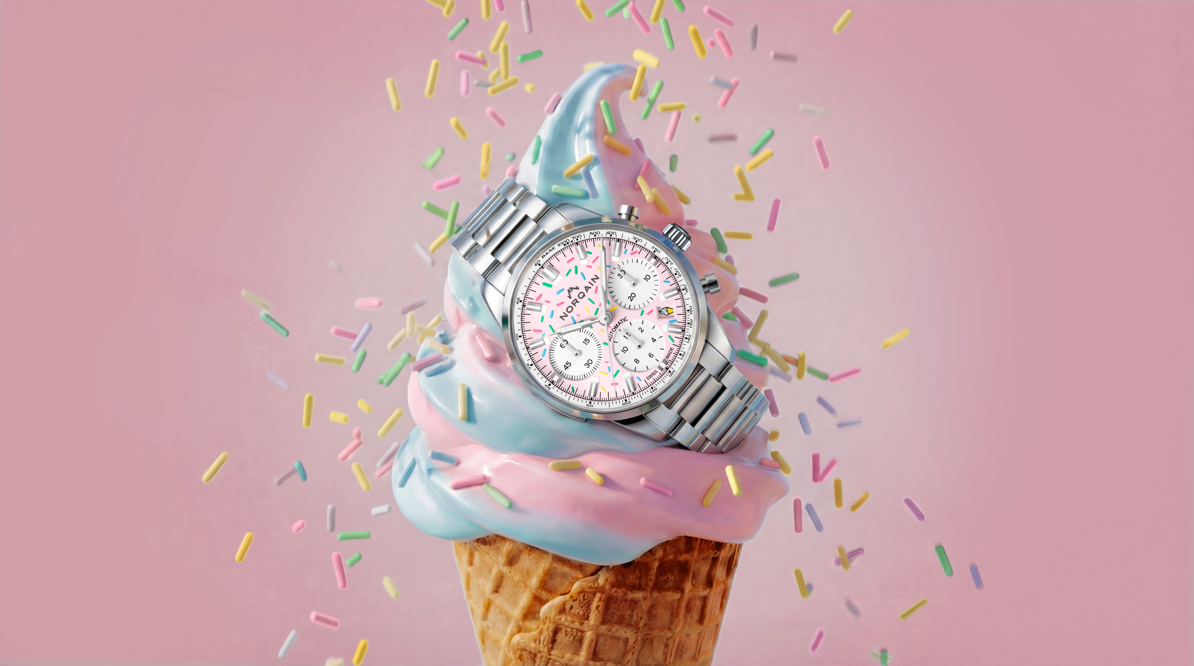 Norqain’s Freedom Chrono Enjoy Life Sprinkles Pink is a playful take on pastels. Photo: Handout