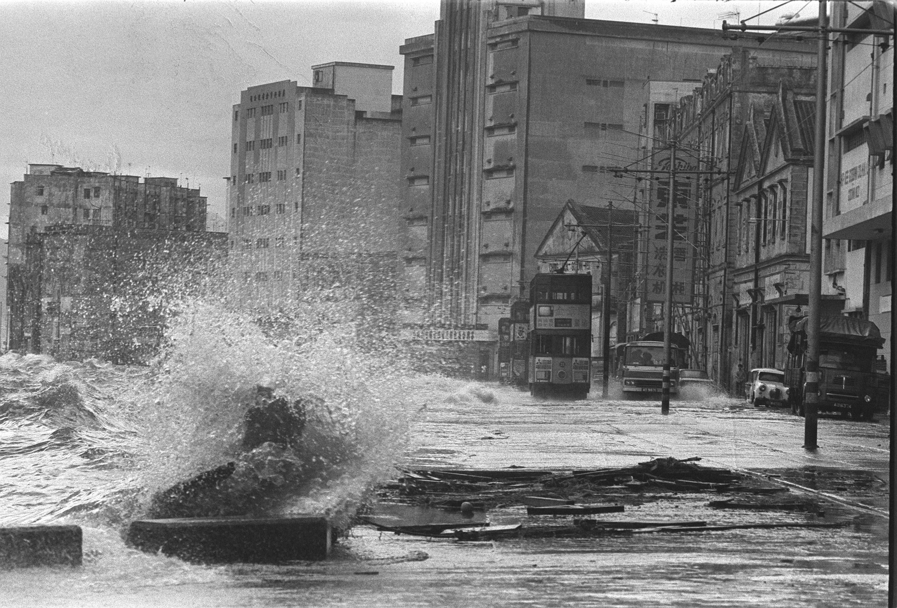 The Kennedy Town waterfront is pounded by waves as a typhoon hits Hong Kong in 1971. Photo: SCMP