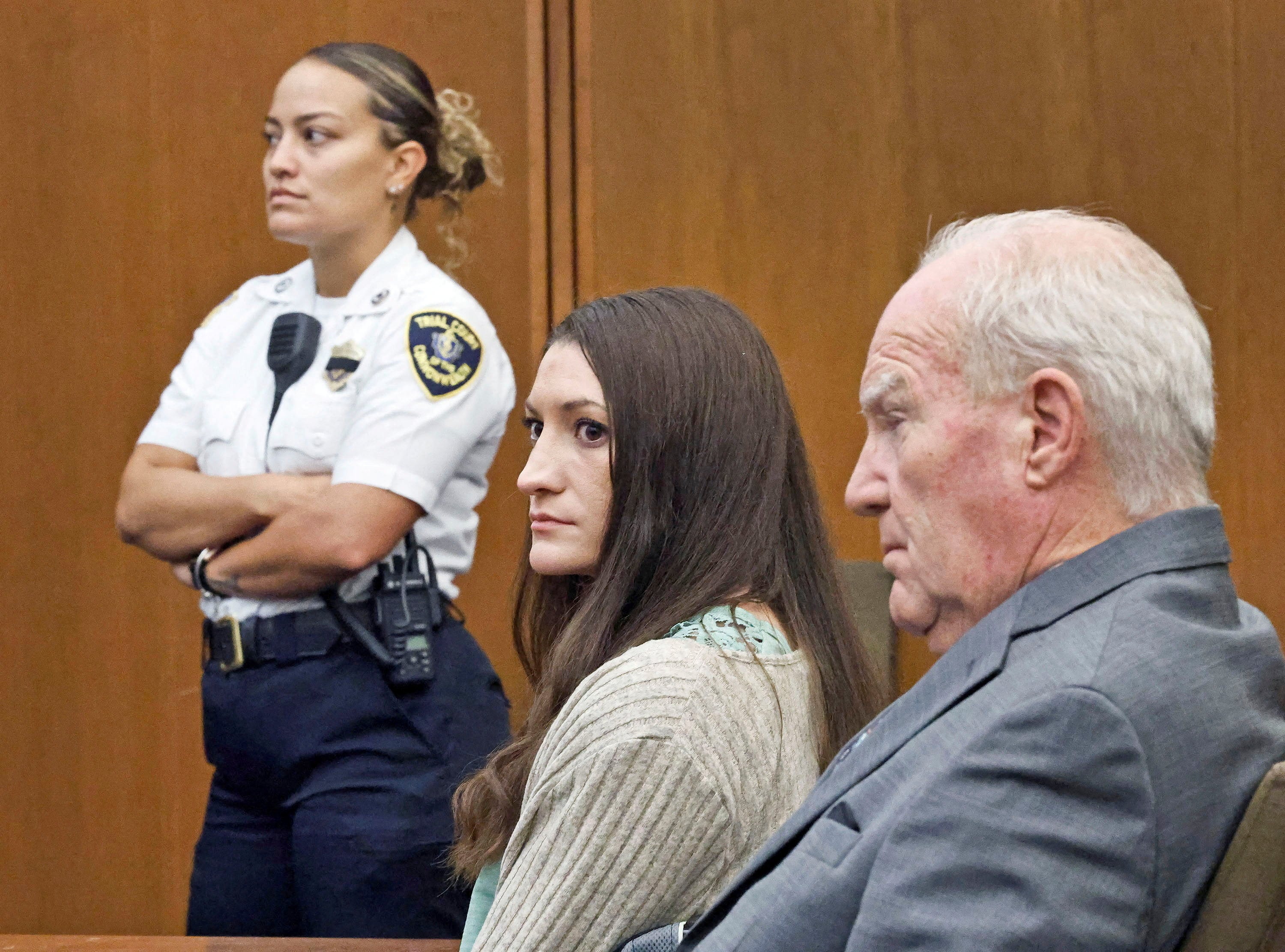 Lindsay Clancy looks at jurors as Judge Sullivan asks them to start deliberations in her triple murder trial in Plymouth, Massachusetts, on Thursday. Photo: Reuters