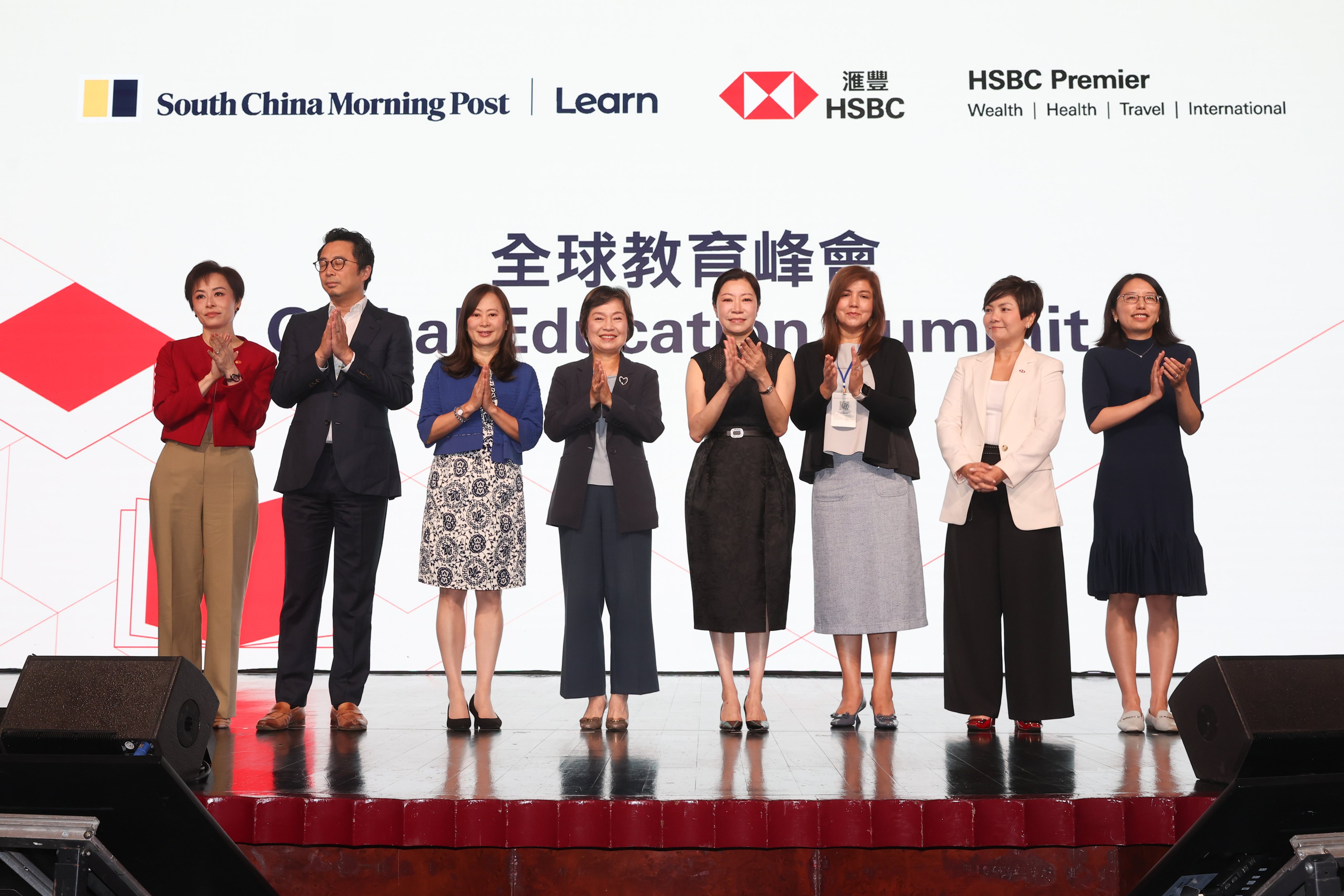 (From left) Regina Yeung, HSBC head of rewards and partnerships, Brian Hui, HSBC chief customer officer, SCMP publisher Tammy Tam, Secretary for Education Christine Choi, Janet Pang, HSBC head of retail business, SCMP executive editor Zuraidah Ibrahim, Angela Chan, HSBC Life Hong Kong chief distribution officer, and Ang Jin, chief growth officer at SCMP, at the opening ceremony of the Global Education Summit 2026. Photo: Edmond So
