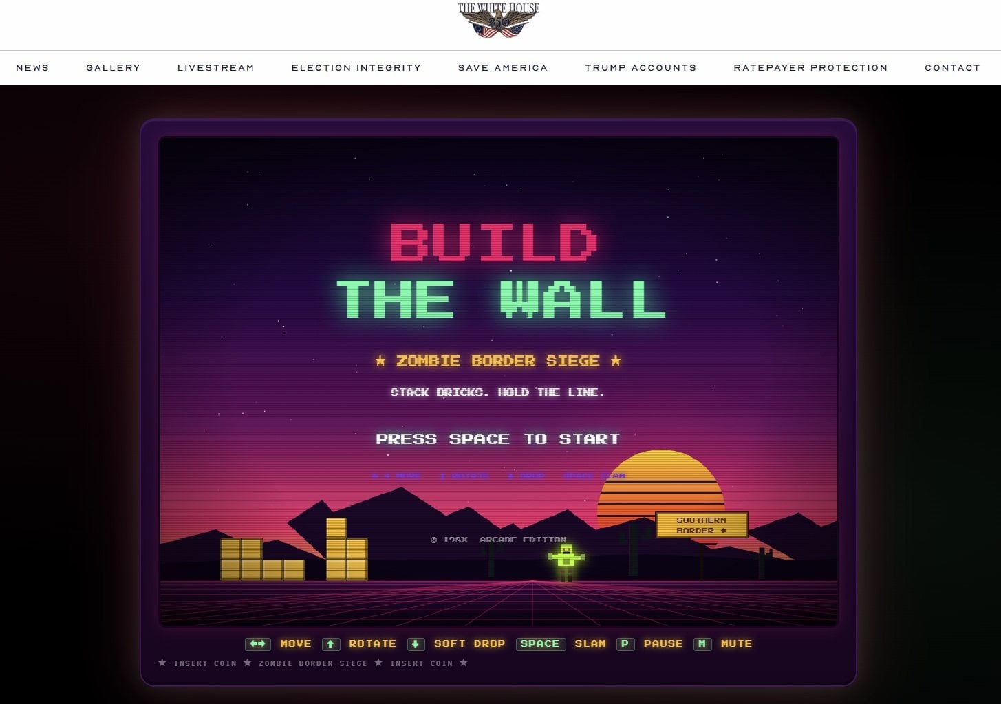A screenshot shows the new “Build the Wall” game featured on the White House website. Image: whitehouse.gov