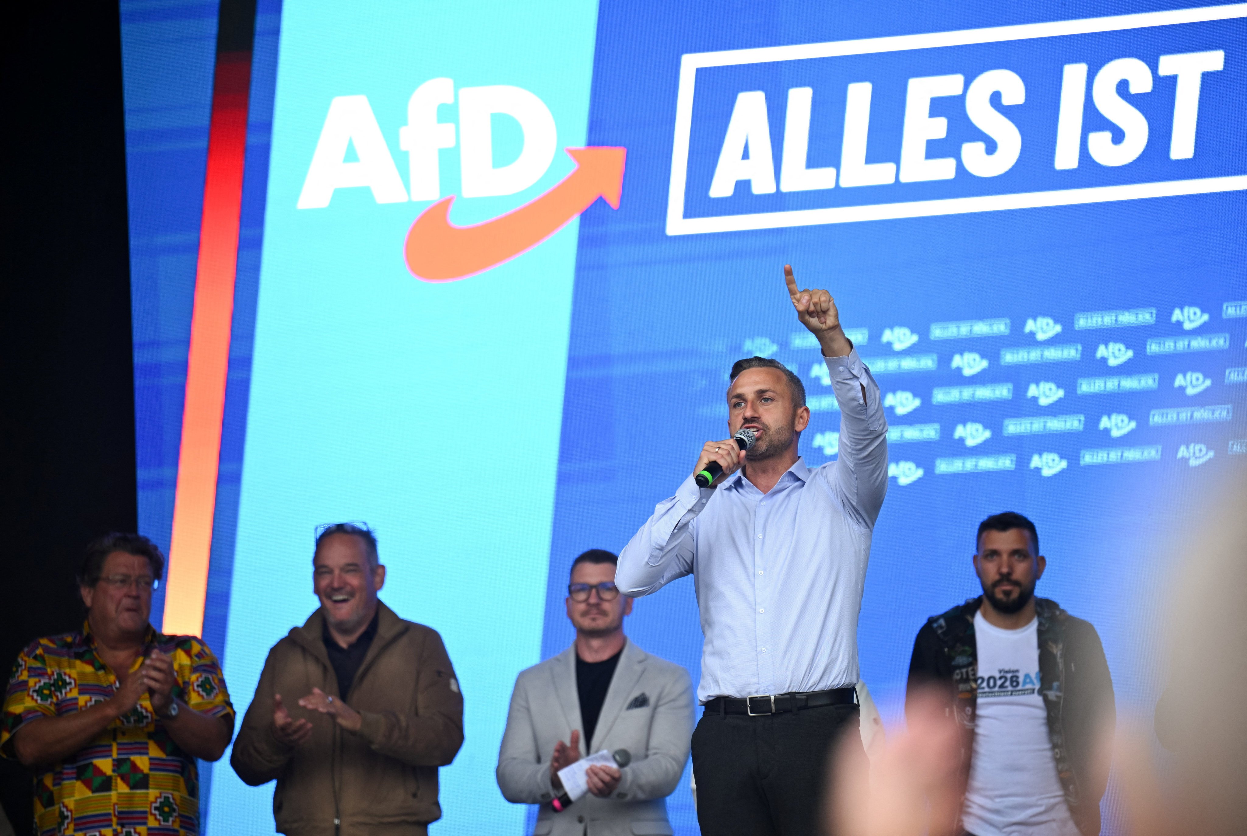 Alternative for Germany (AfD) top candidate Ulrich Siegmund speaks on stage as he campaigns ahead of the upcoming Saxony-Anhalt state elections, in Magdeburg, Germany, on Friday. Photo: Reuters