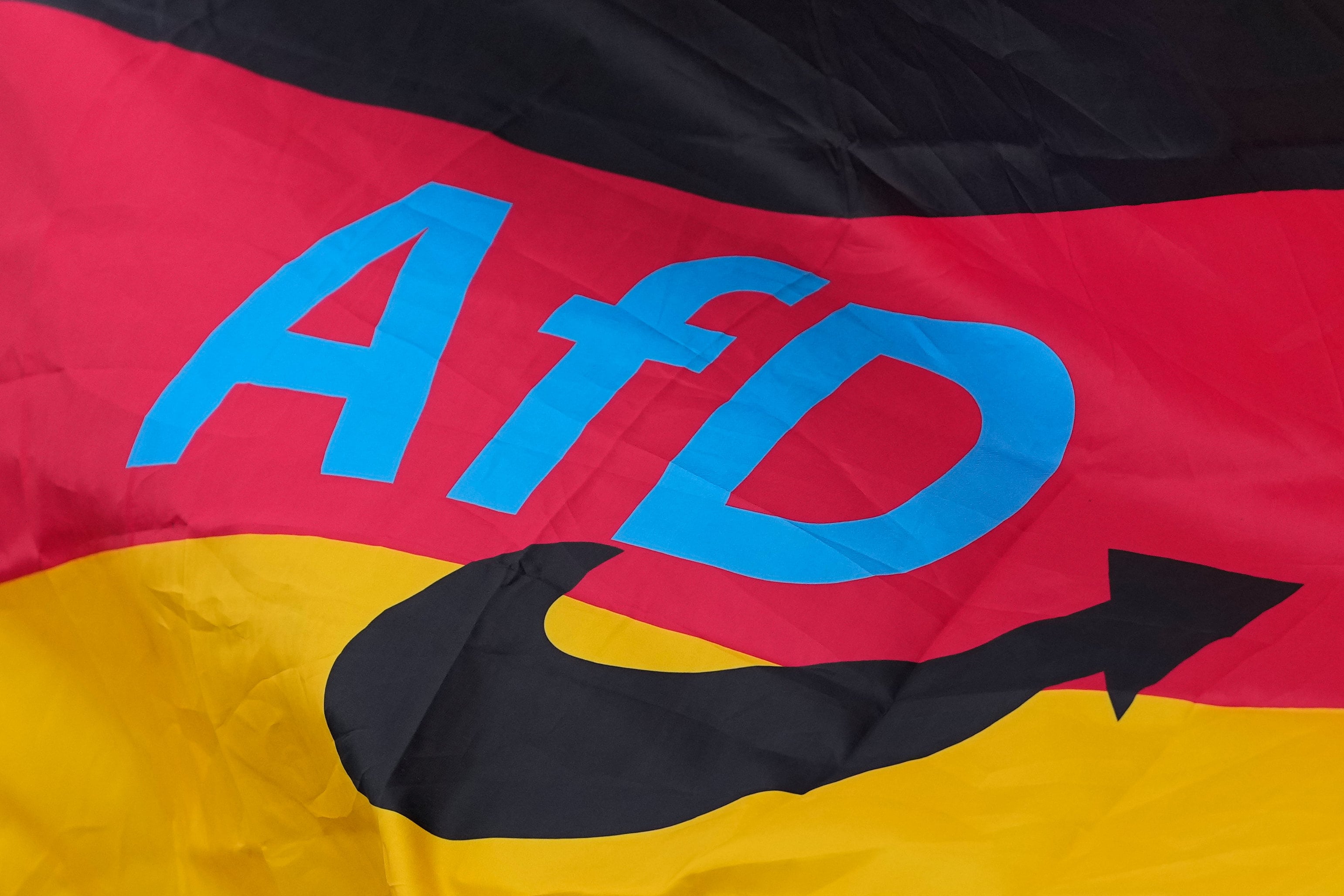 The logo of the Alternative for Germany (AfD) party is fixed on a German national flag for the state elections in Saxony-Anhalt during an election campaign event in Magdeburg on Friday. Photo: AP