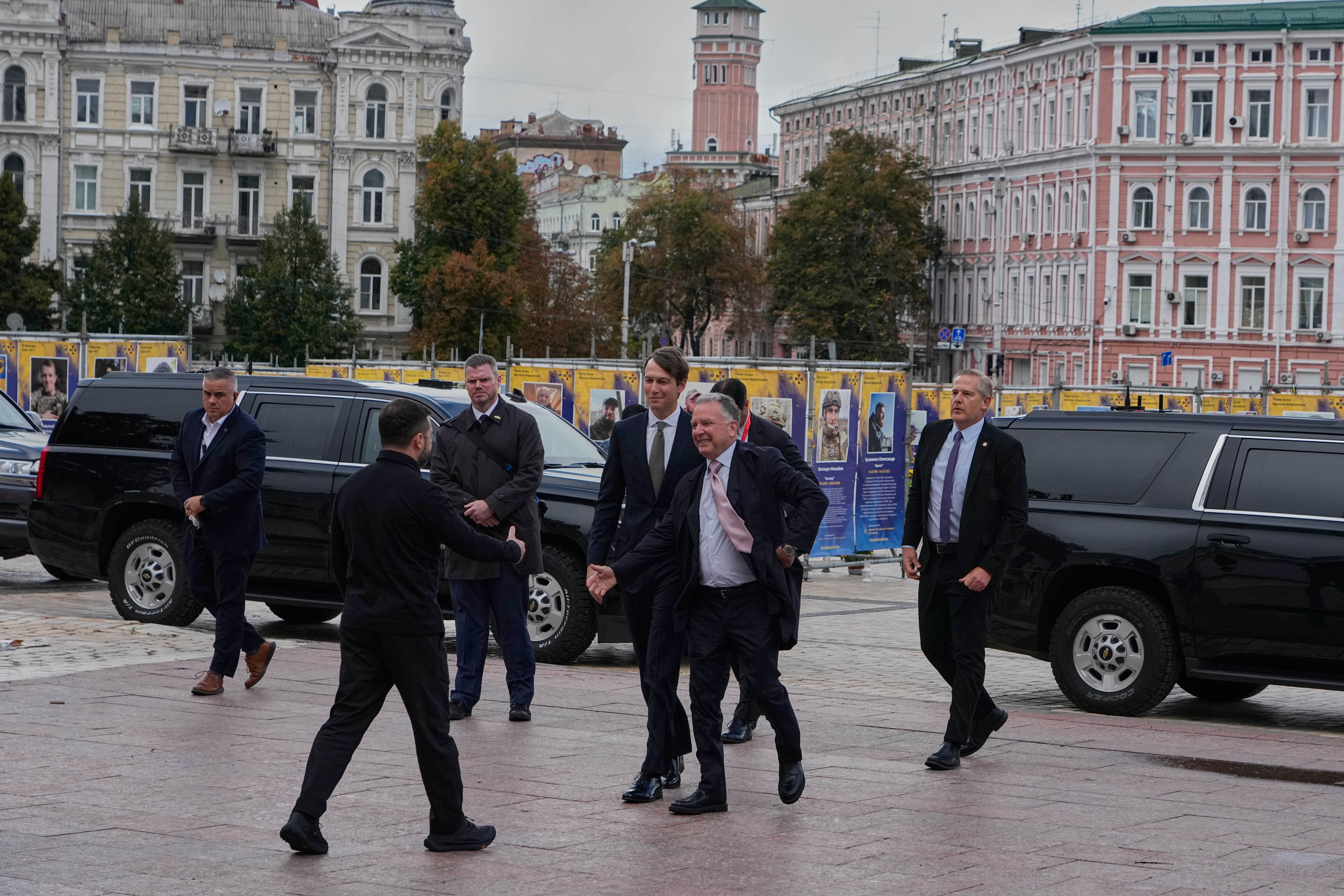 Ukraine’s President Volodymyr Zelensky (left) greets US envoys Jared Kushner and Steve Witkoff prior to talks in Kyiv on Sunday. Photo: AP