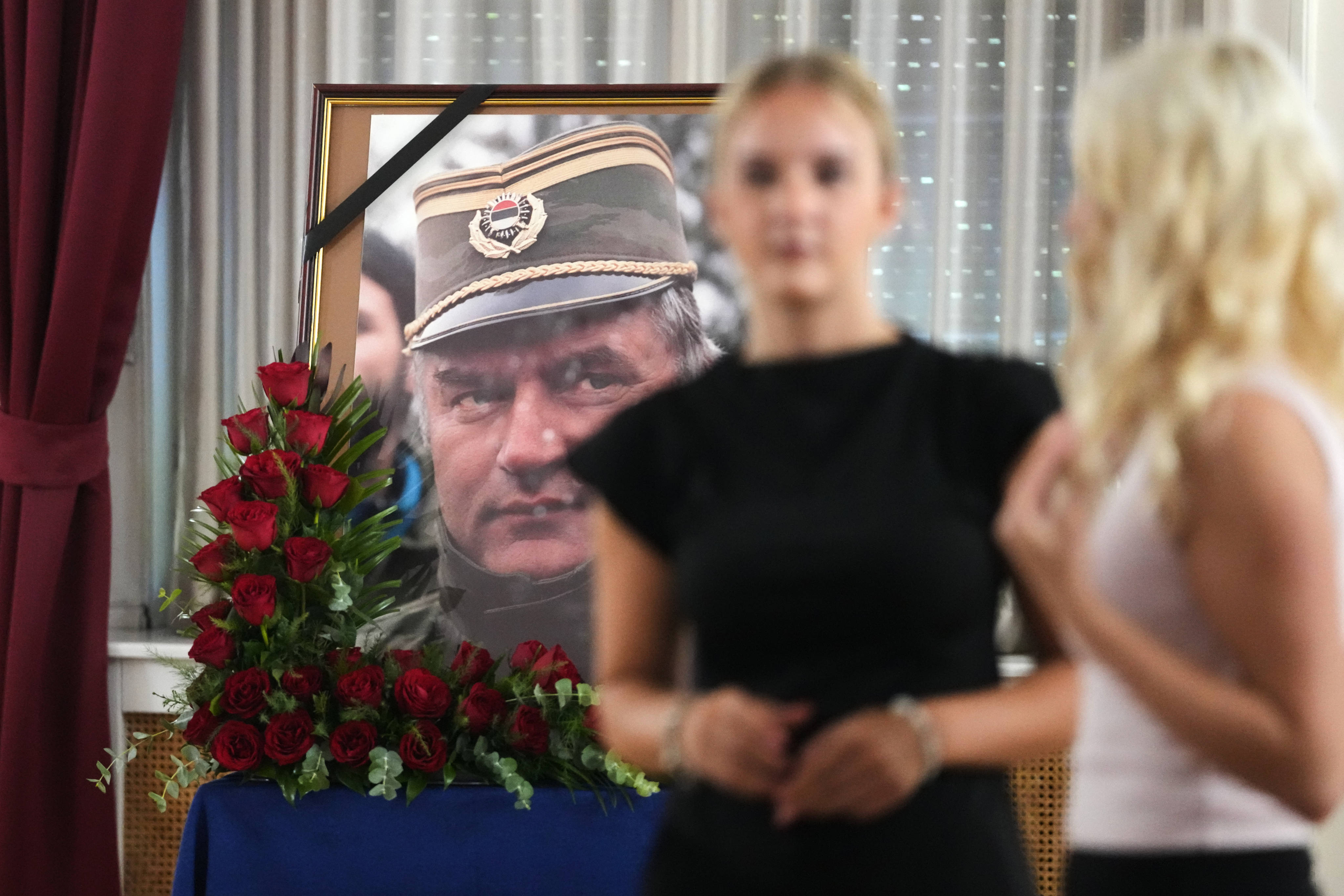 A photo of Ratko Mladic is displayed during a commemoration ceremony in Belgrade, Serbia on Saturday. Photo: Darko Vojinovic / AP