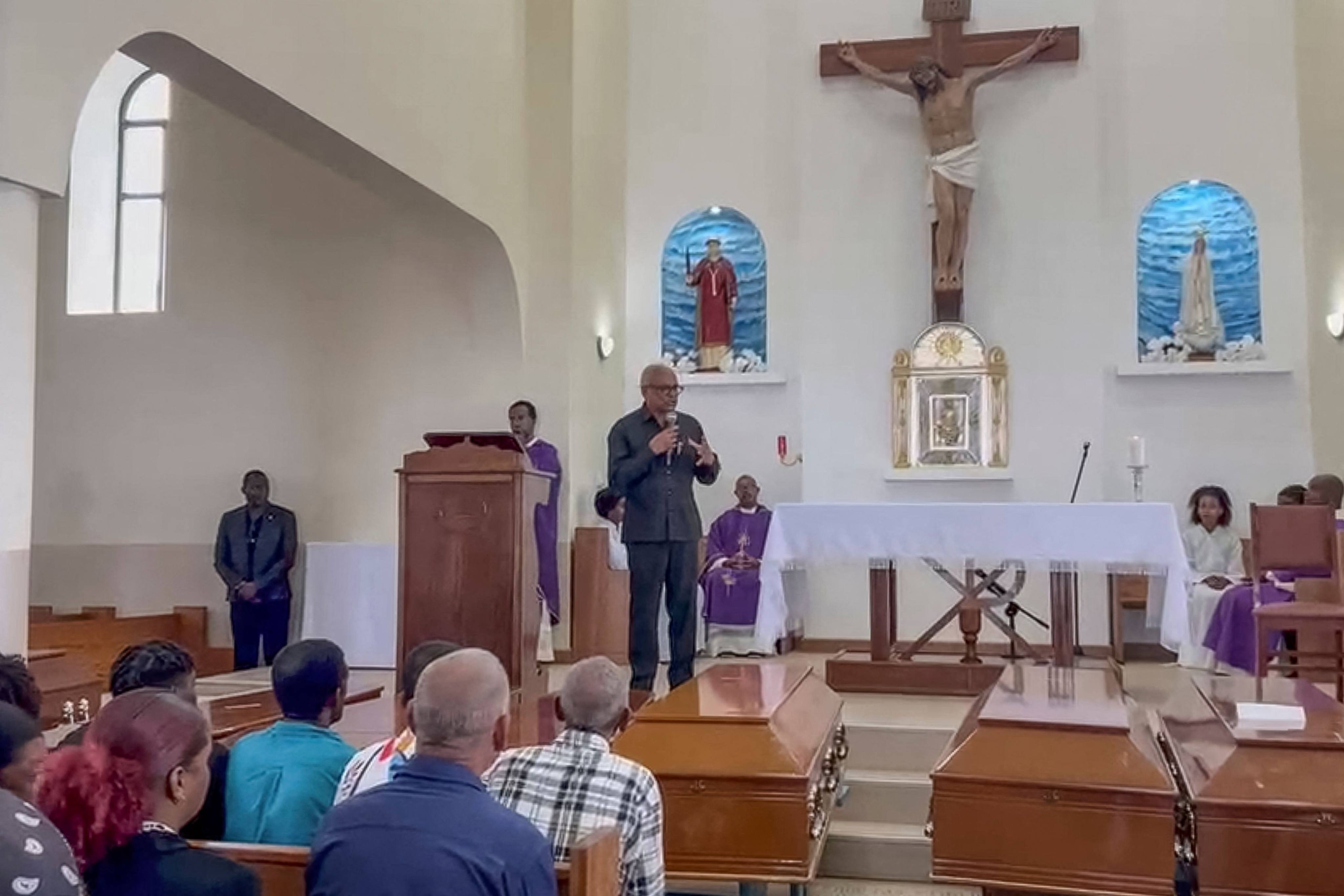 A screengrab shows Cape Verdean President Jose Maria Neves speak at Sao Lourenco Church in Fogo Island, at the funeral of some of the victims of a bus crash which saw at least 25 people, mostly children and teenagers, killed. Photo: AFP