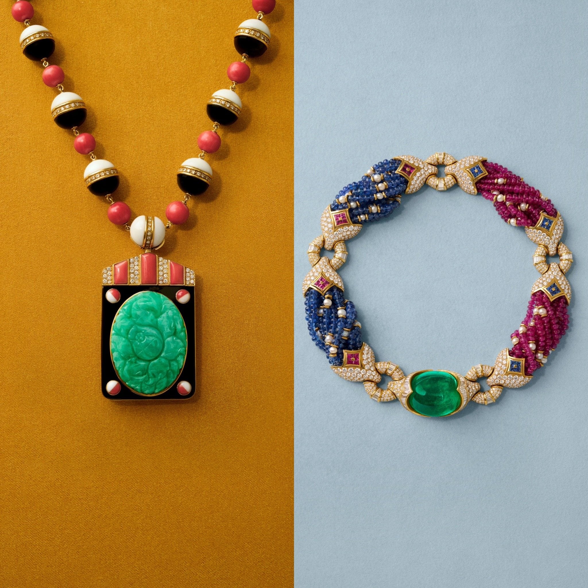 Two necklaces showcasing Bulgari’s colour compositions at the exhibition “Bvlgari Kaleidos: Colors, Cultures and Crafts” in Shanghai. Photos: Handout