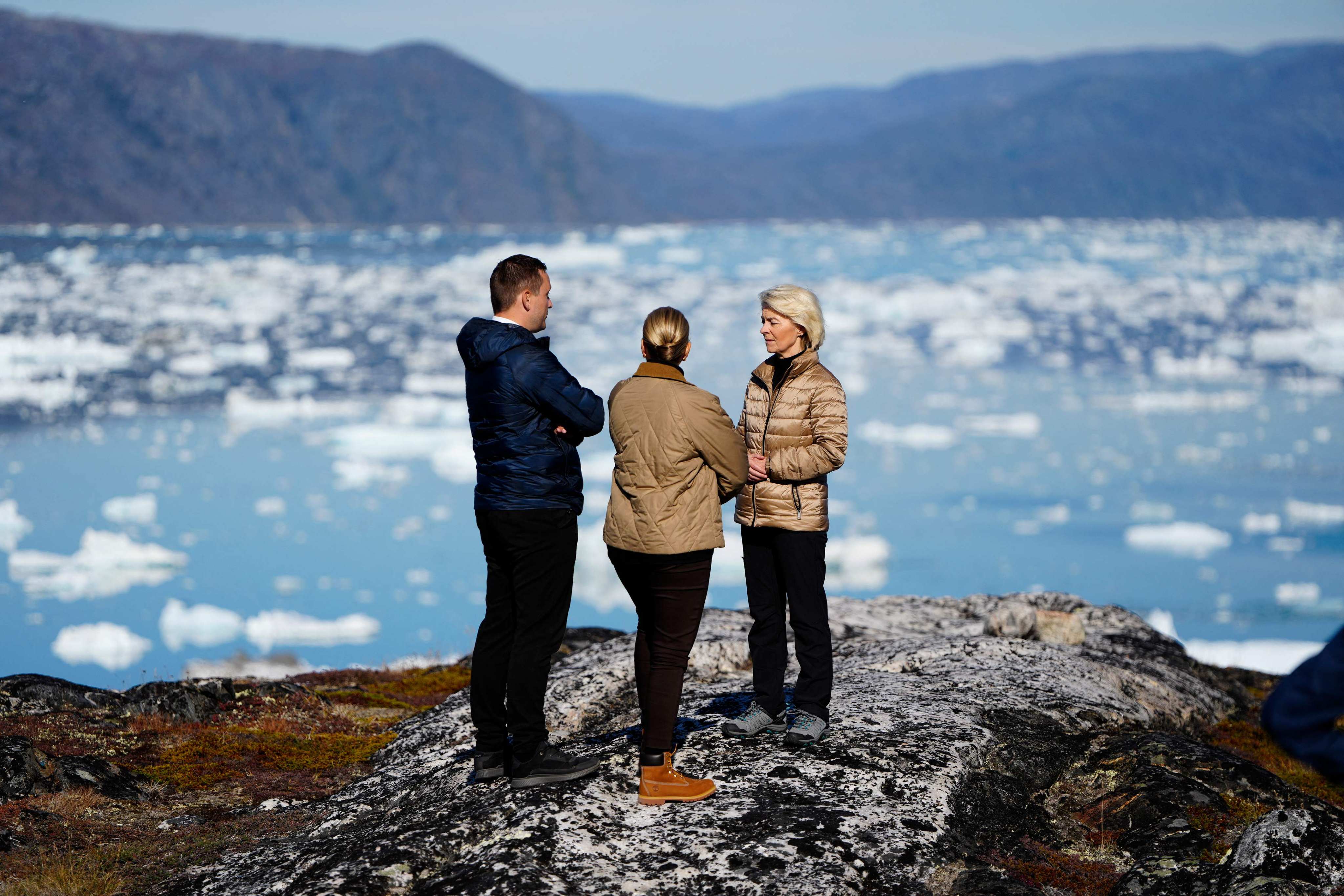 European Commission President Ursula von der Leyen, Greenland's Prime Minister Jens-Frederik Nielsen, and Danish Prime Minister Mette Frederiksen on Sunday. Photo: Ritzau Scanpix via AFP