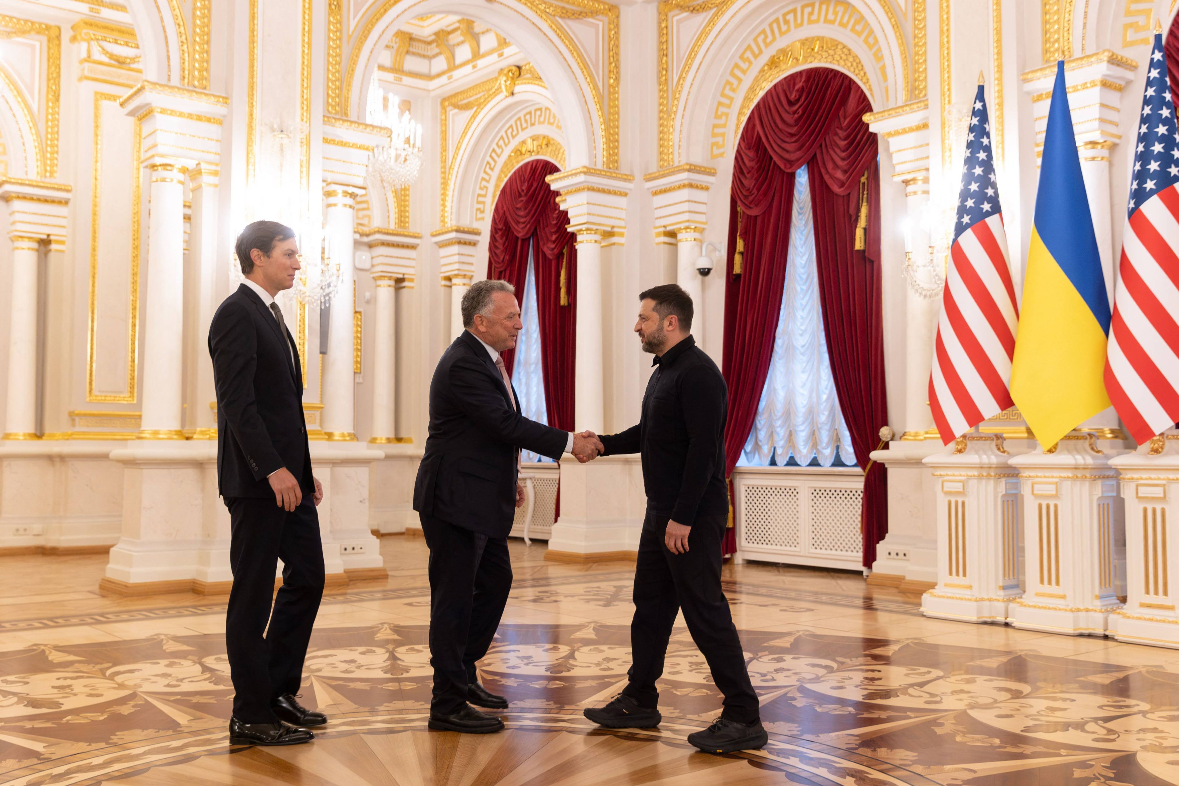 Ukraine’s President Volodymyr Zelensky (right) welcomes US Special Envoy Steve Witkoff (centre) and US President Donald Trump’s son-in-law Jared Kushner upon their arrival for talks in Kyiv, Ukraine on Sunday. Photo: Ukrainian Presidential Press Service / AFP / Handout